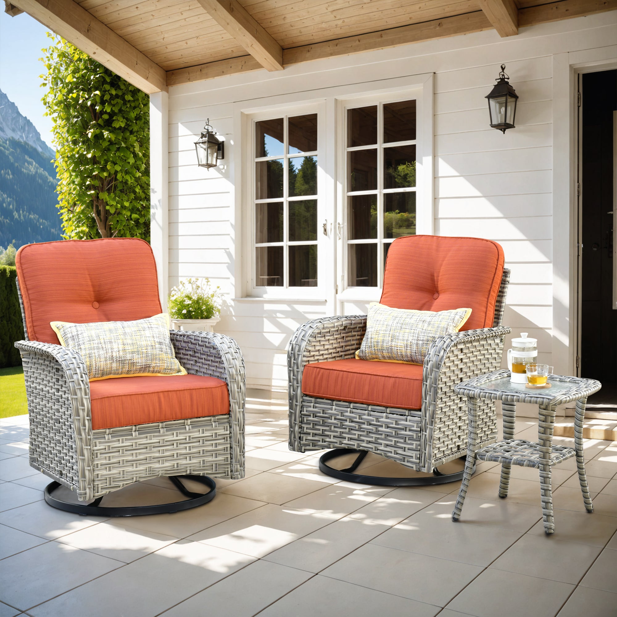 Pouuin SYZVC803 3-Piece Wicker Patio Conversation Set with Orange Cushions