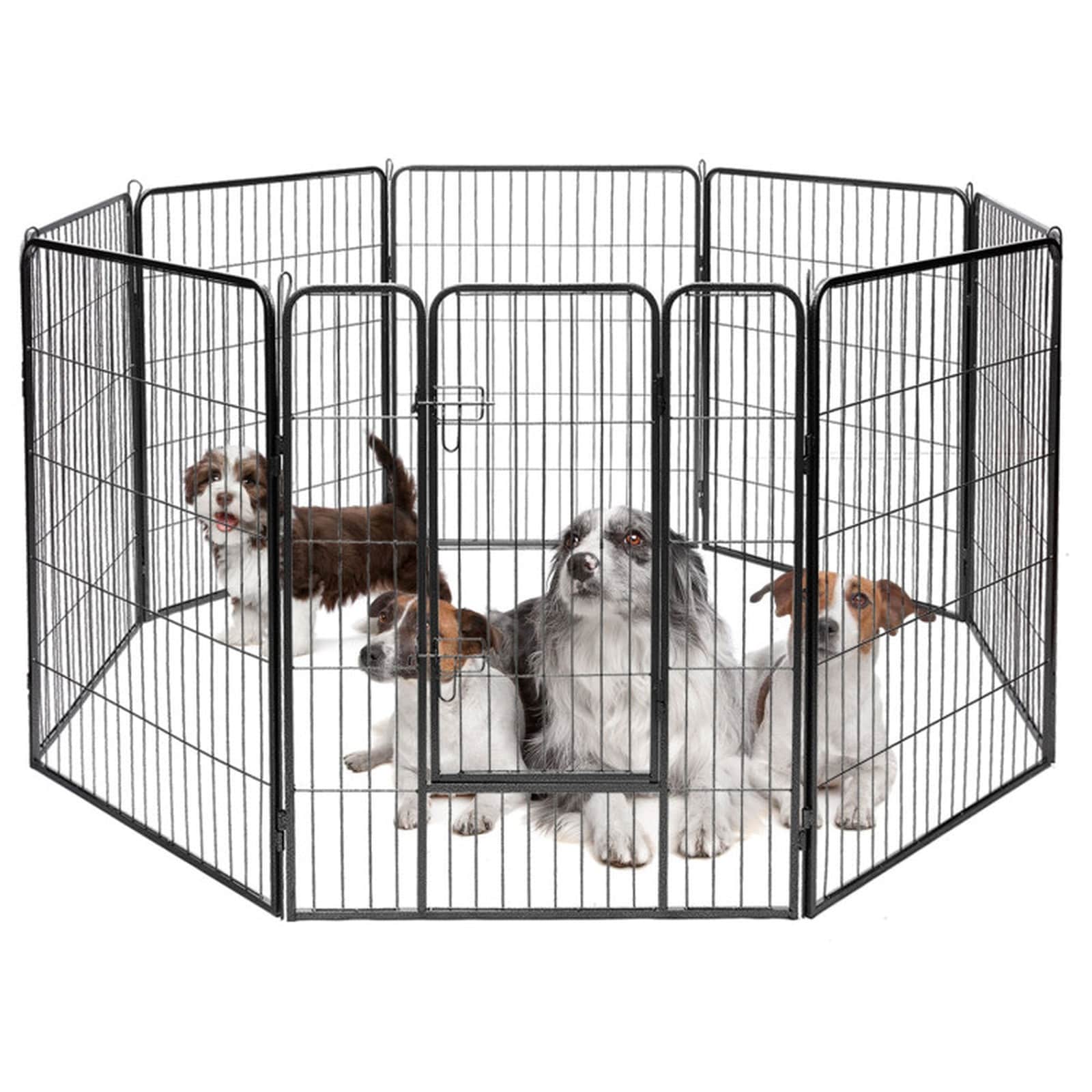 SUGIFT 8-Panel Heavy-Duty Metal Dog Playpen with Latch Door 31.5-in by 48-in Panels 8 Ground Stakes Black Powder-Coated Rust-Resistant Steel Exercise Pen Foldable Tool-Free Assembly for Indoor Outdoor Medium Large Dogs and Rounded Panel Edges
