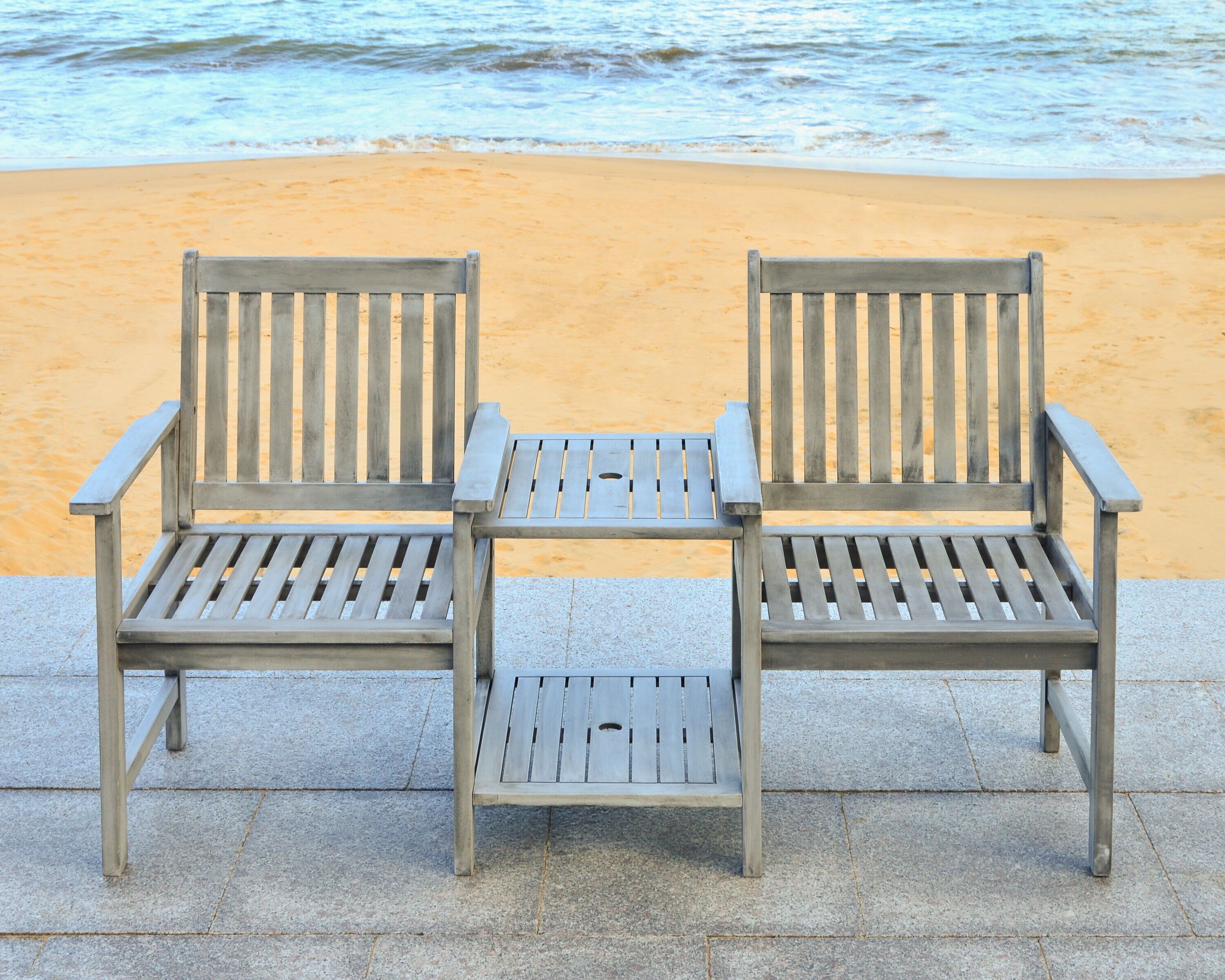 Gray Acacia Twin Seat Bench with Umbrella Table