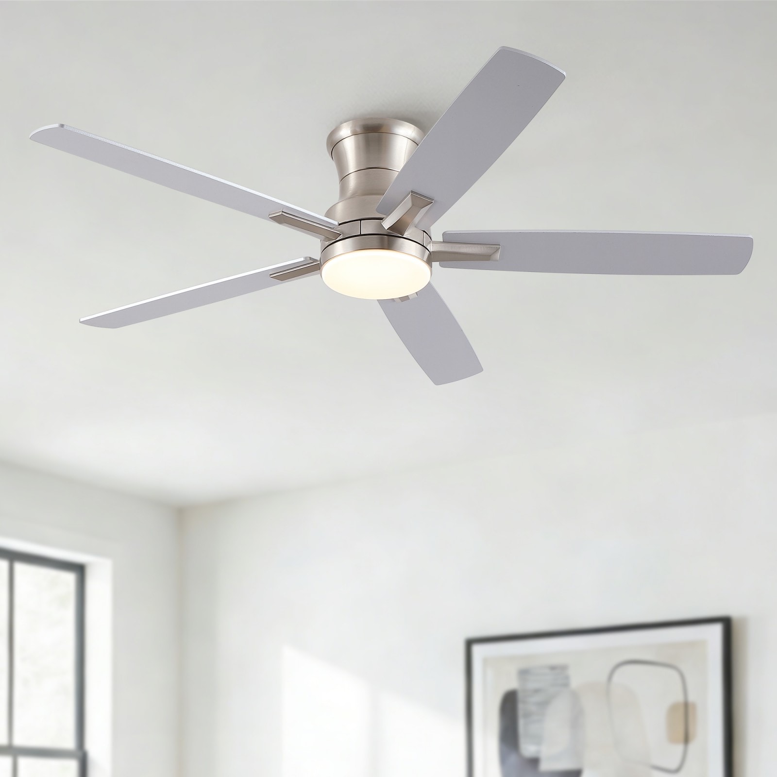 GlasFlength  52-Inch Modern Brushed Nickel Flush Mount Ceiling Fan with Light and Remote Control Reversible Quiet Motor for Living Room Bedroom Indoor Spaces