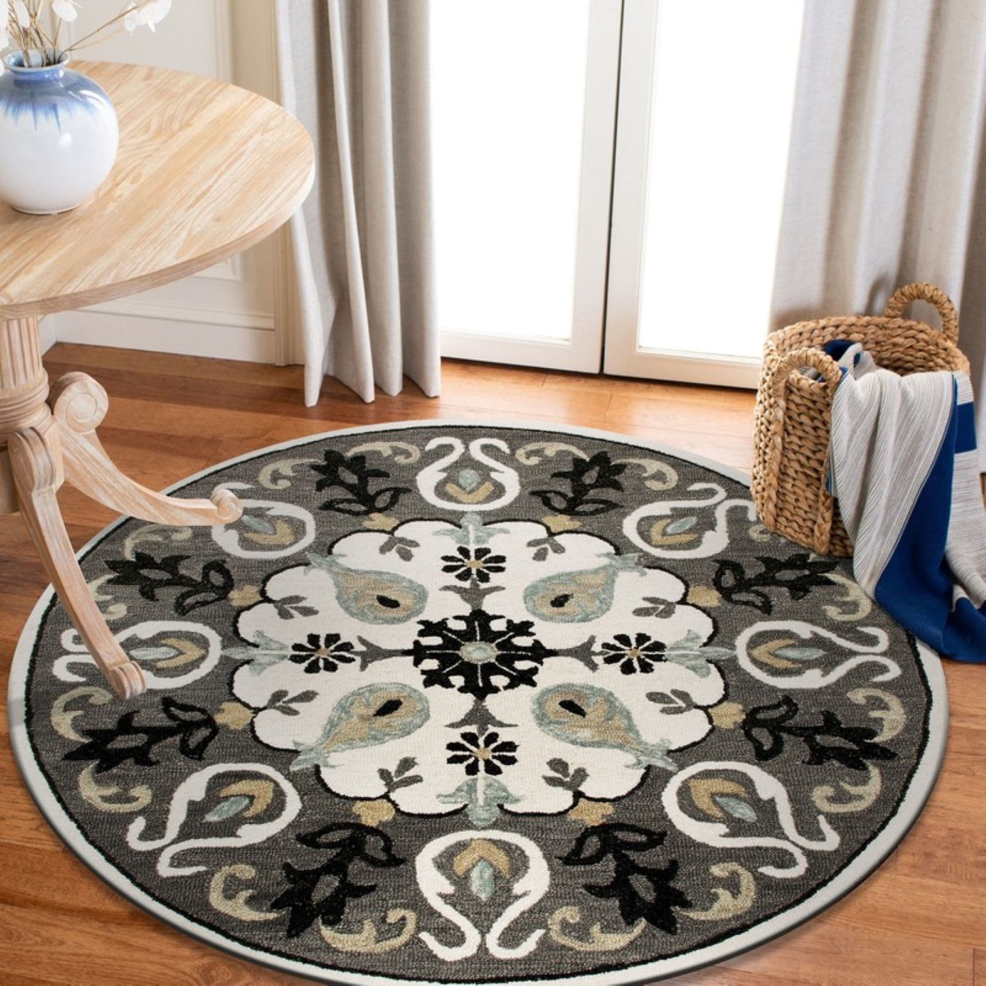 LR Home 5956A9084934J8 5 x 5 (ft) Hooked Wool Gray/White/Black Round Indoor Medallion Bohemian/Eclectic Area rug