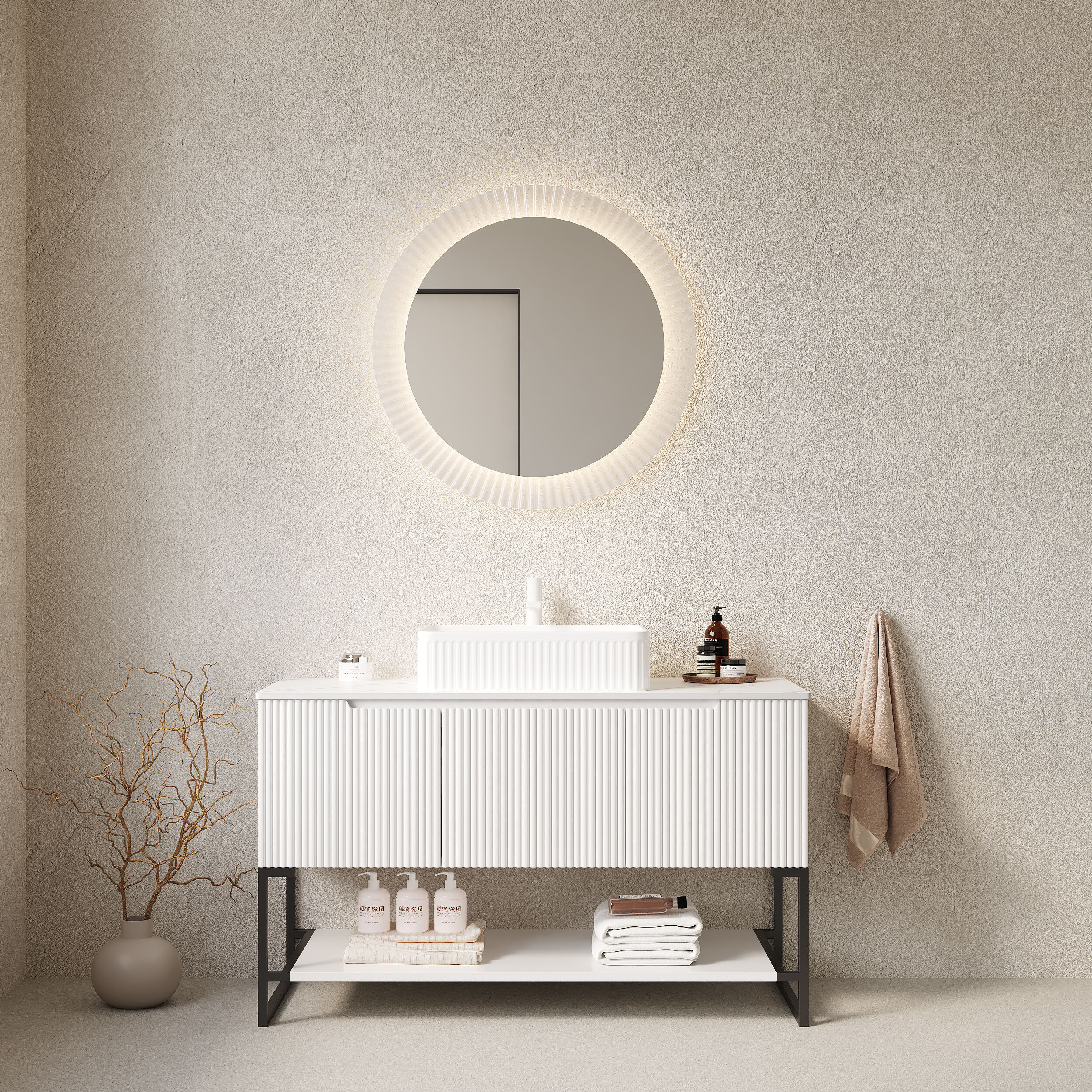 Vynxaria - 48 in White Freestanding Bathroom Vanity with Matte White Ceramic Sink Carrara White S...