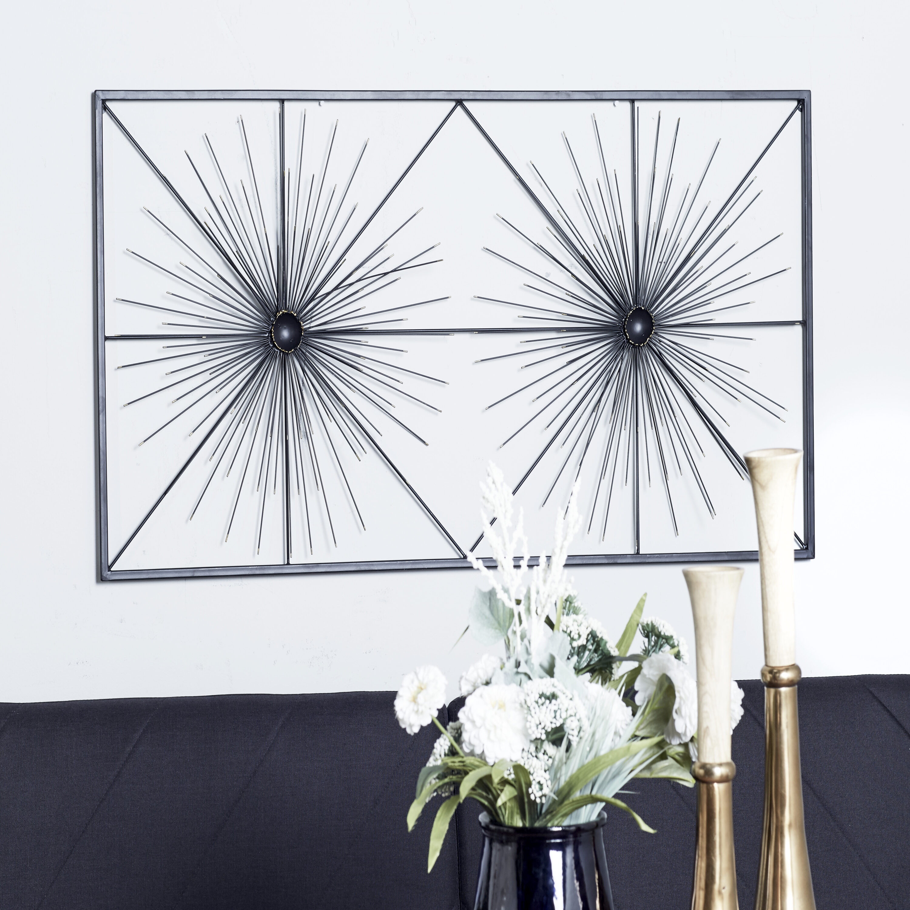 Black Iron Starburst Wall Sculpture with Frame, 24" x 48"