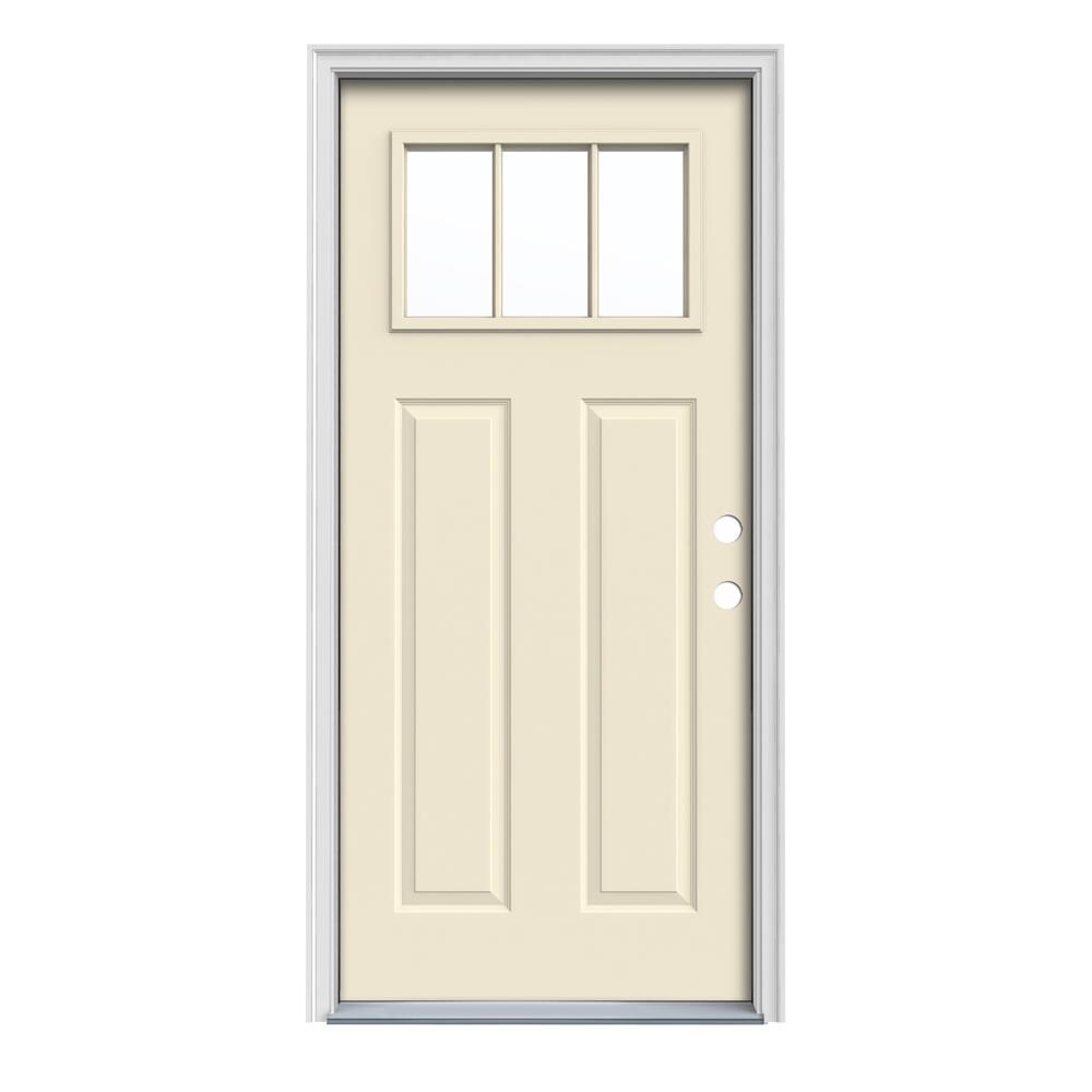 JELD-WEN LOWOLJW182400064 36-in x 80-in x 4-9/16-in Steel Craftsman Left-Hand Inswing Bisque Painted Prehung Front Door with Brickmould Insulating Core