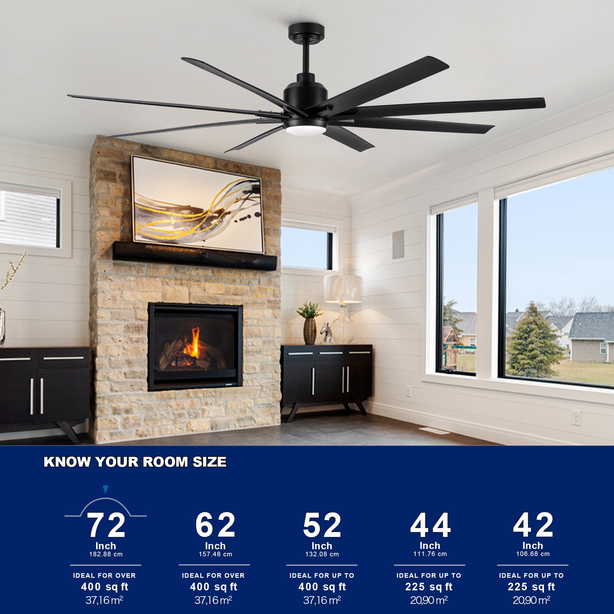 Heekcaa 72-Inch Black Matte Ceiling Fan with Remote and LED Light