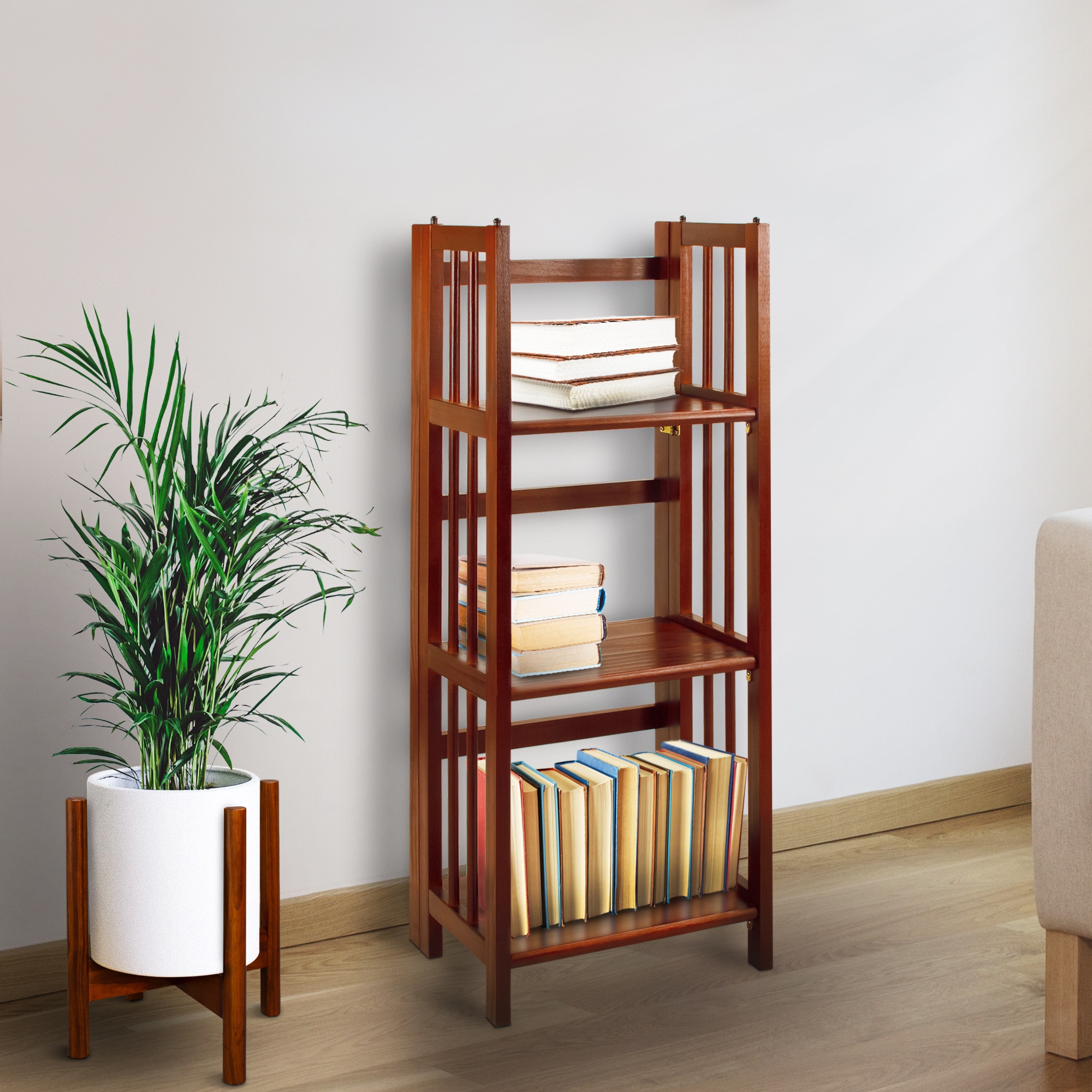 Walnut Finish 3-Shelf Solid Wood Stackable Folding Bookcase