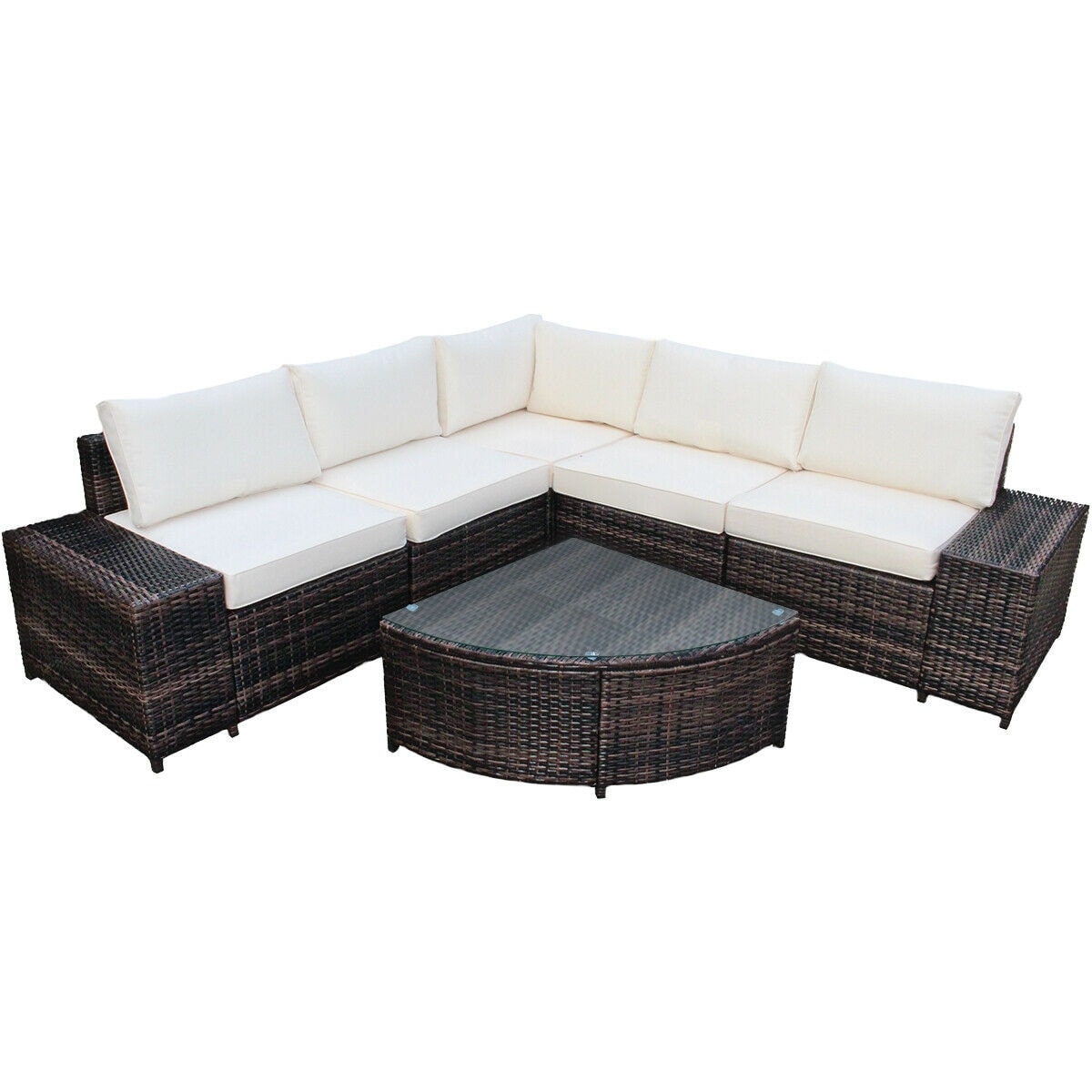 Forclover HBV-HW664WH 6 Piece Wicker Patio Sectional Sofa Set Rattan Outdoor Sectional with Blue Cushions and Rattan Frame