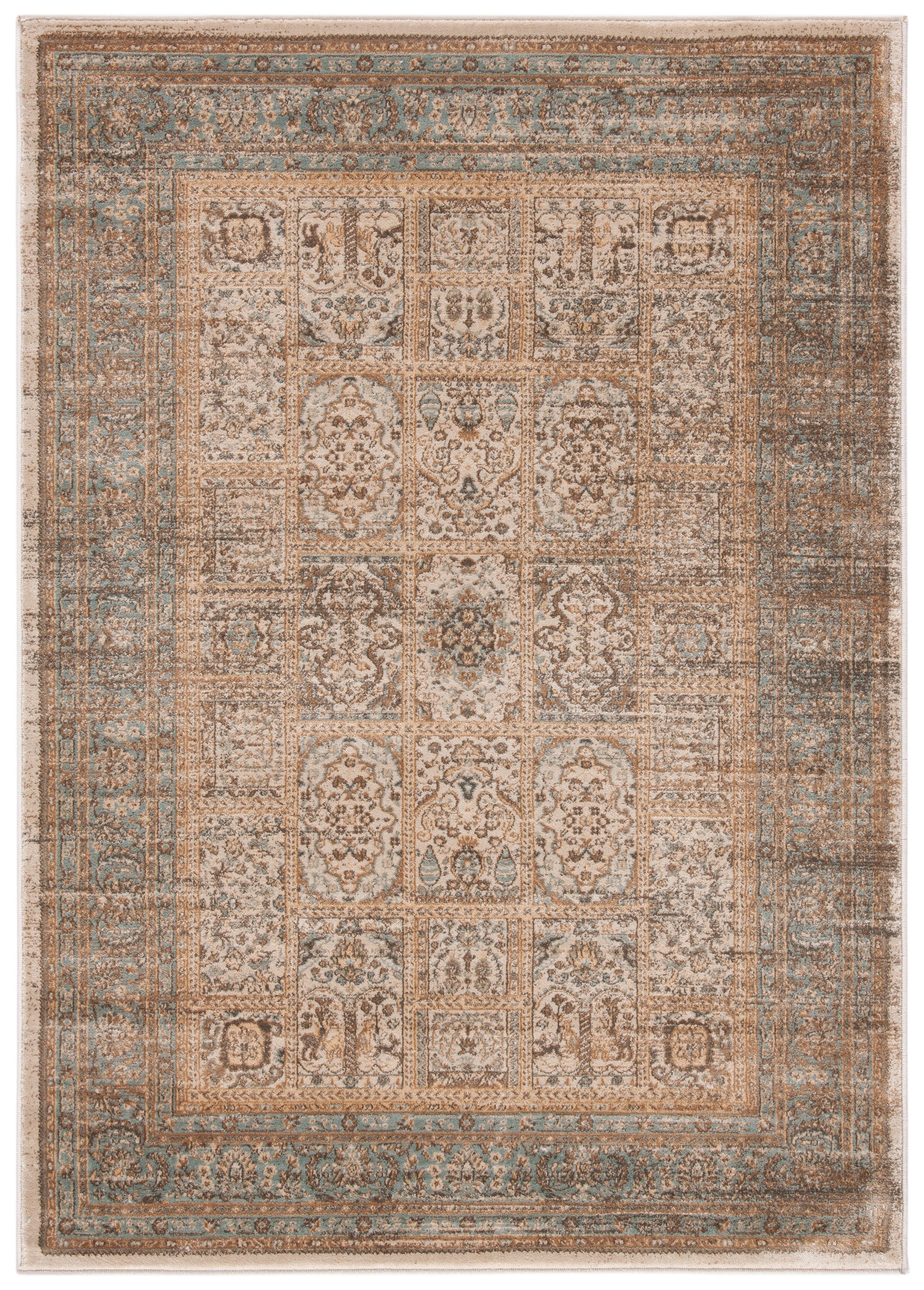 Ivory and Light Blue Vintage Distressed Area Rug 4' x 5'7"