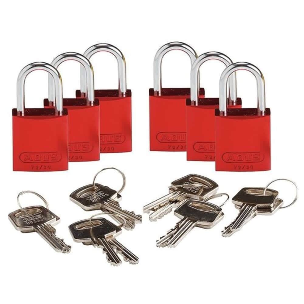 Brady  Lockout Padlock Keyed Different Aluminum Red 1 in Shackle Height 1 1/4 in Body Width 6 PK