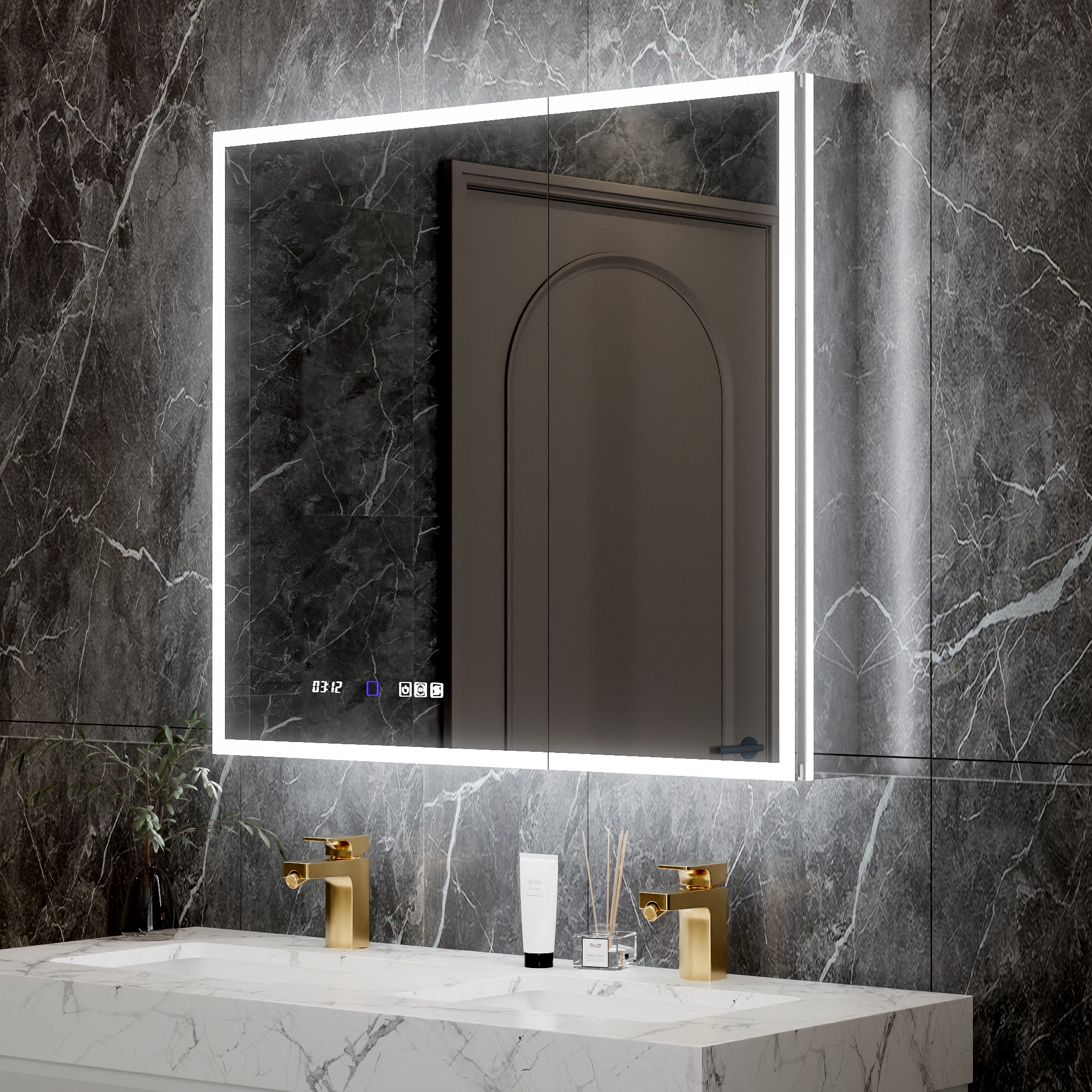 AAZJ JDEX-V12MED3632 V12 LED Medicine Cabinet 36-in x 32-in Lighted LED Fog Free Surface/Recessed Mount Silver Mirrored Rectangle Medicine Cabinet with Outlet
