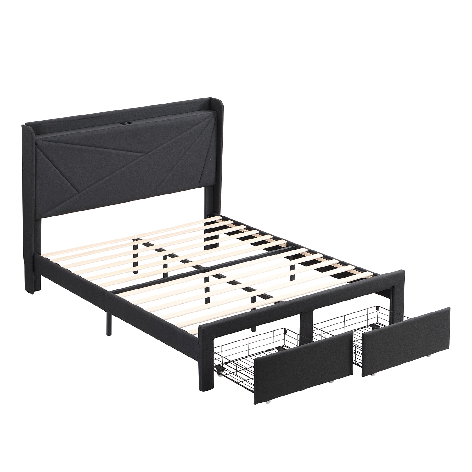 GZMR Queen Size Bed Frame with 2 Storage Drawers Dark Gray Queen Wood ...