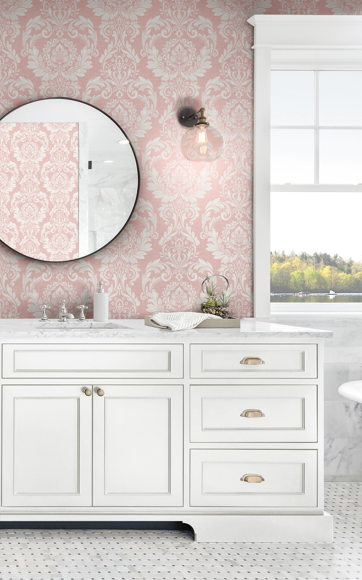 Light Pink Damask Self-Adhesive Repositionable Wallpaper