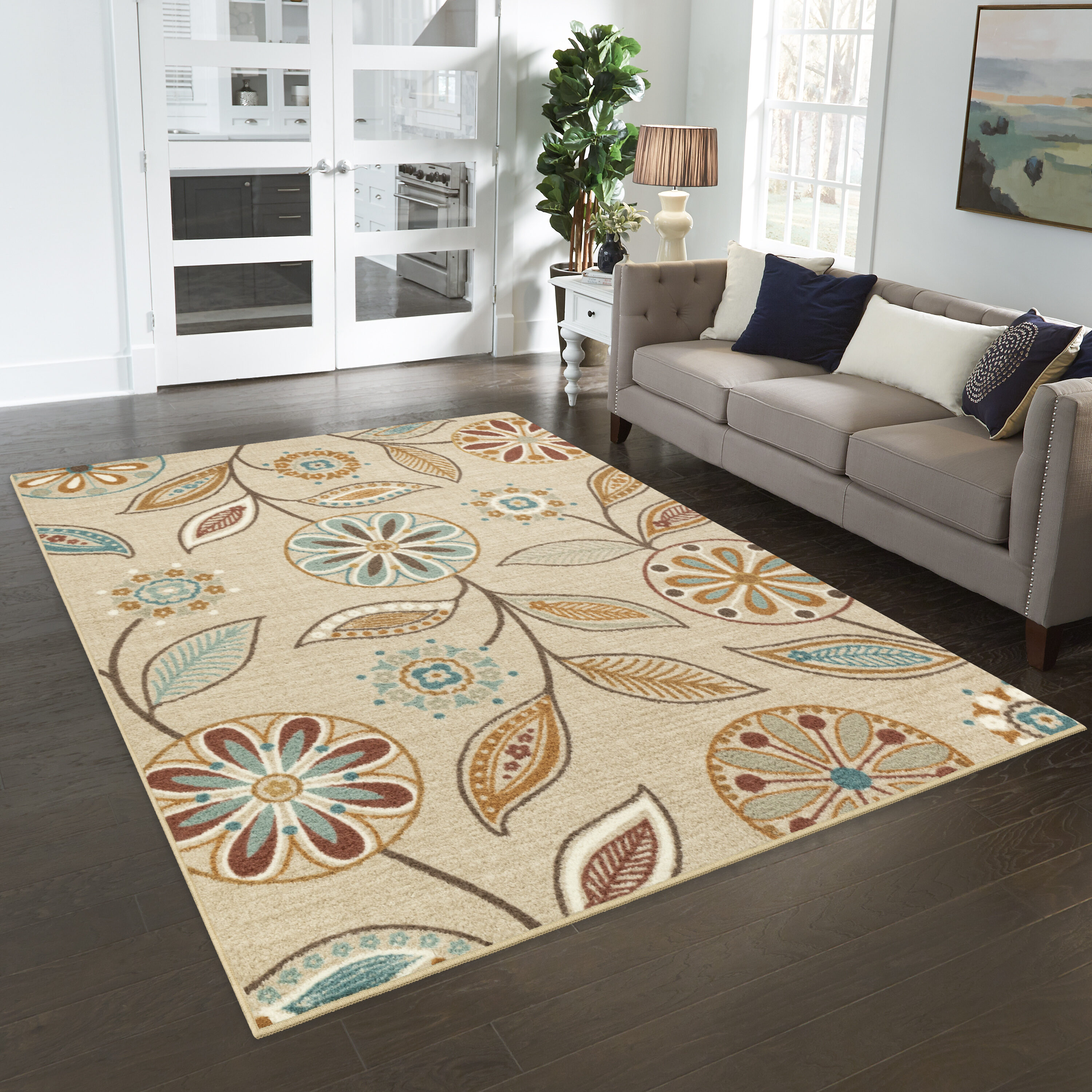 Maples Rugs B5974117 7 x 10 (ft) Tufted Polyester Beige Rectangular Indoor Floral/Botanical Farmhouse/Cottage Area rug
