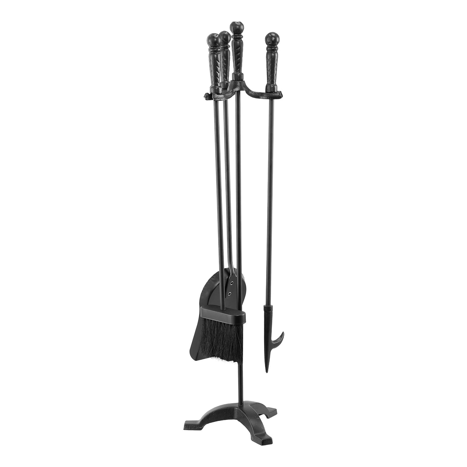 GIVIMO 4-Piece Wrought Iron Fireplace Tool Set with Three-Prong Stand 29.5-in Indoor Outdoor Fire Tools Poker Ash Shovel Brush Holder for Hearth Wood Stove Fire Pit Black