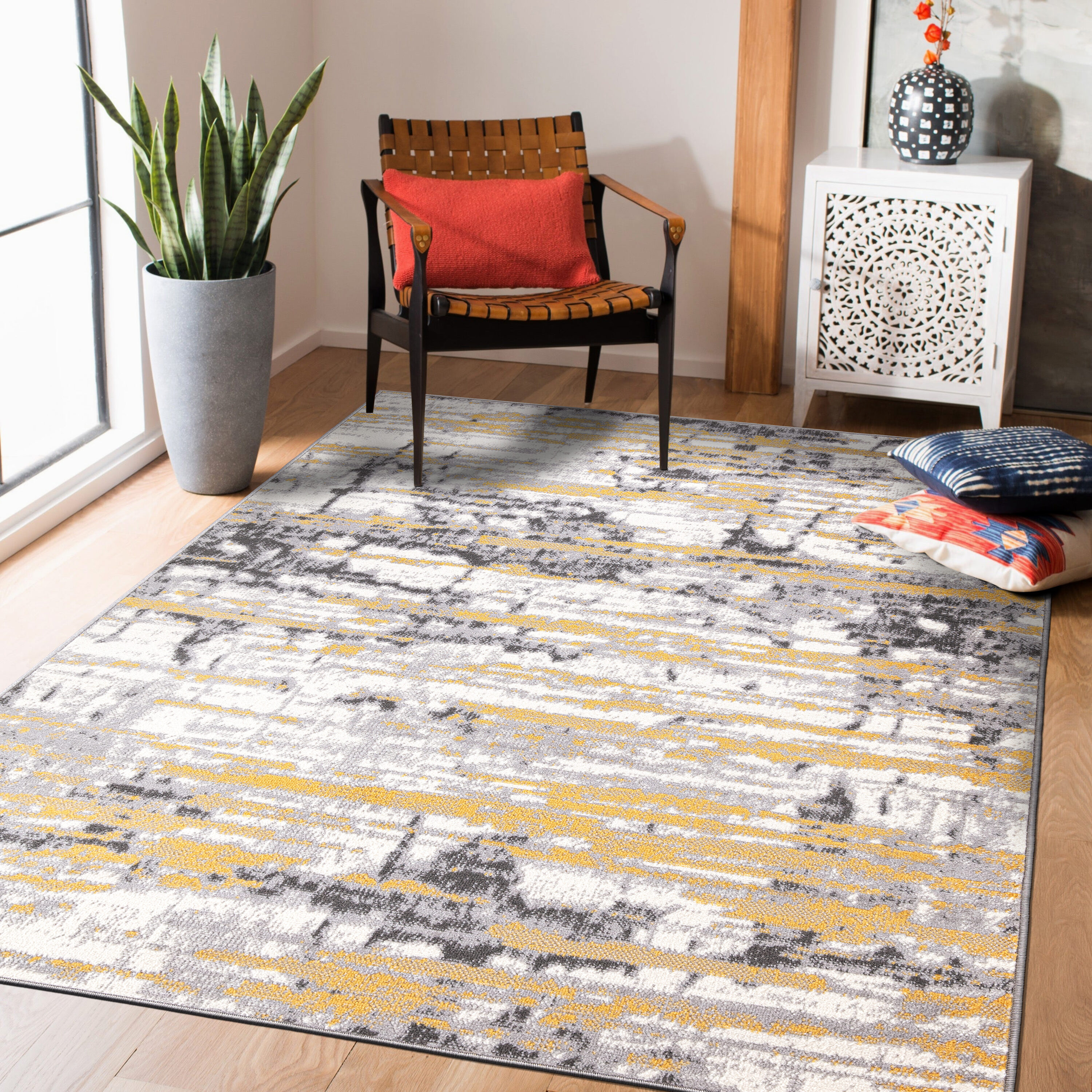 Yellow and Gray Abstract 8' x 10' Synthetic Area Rug