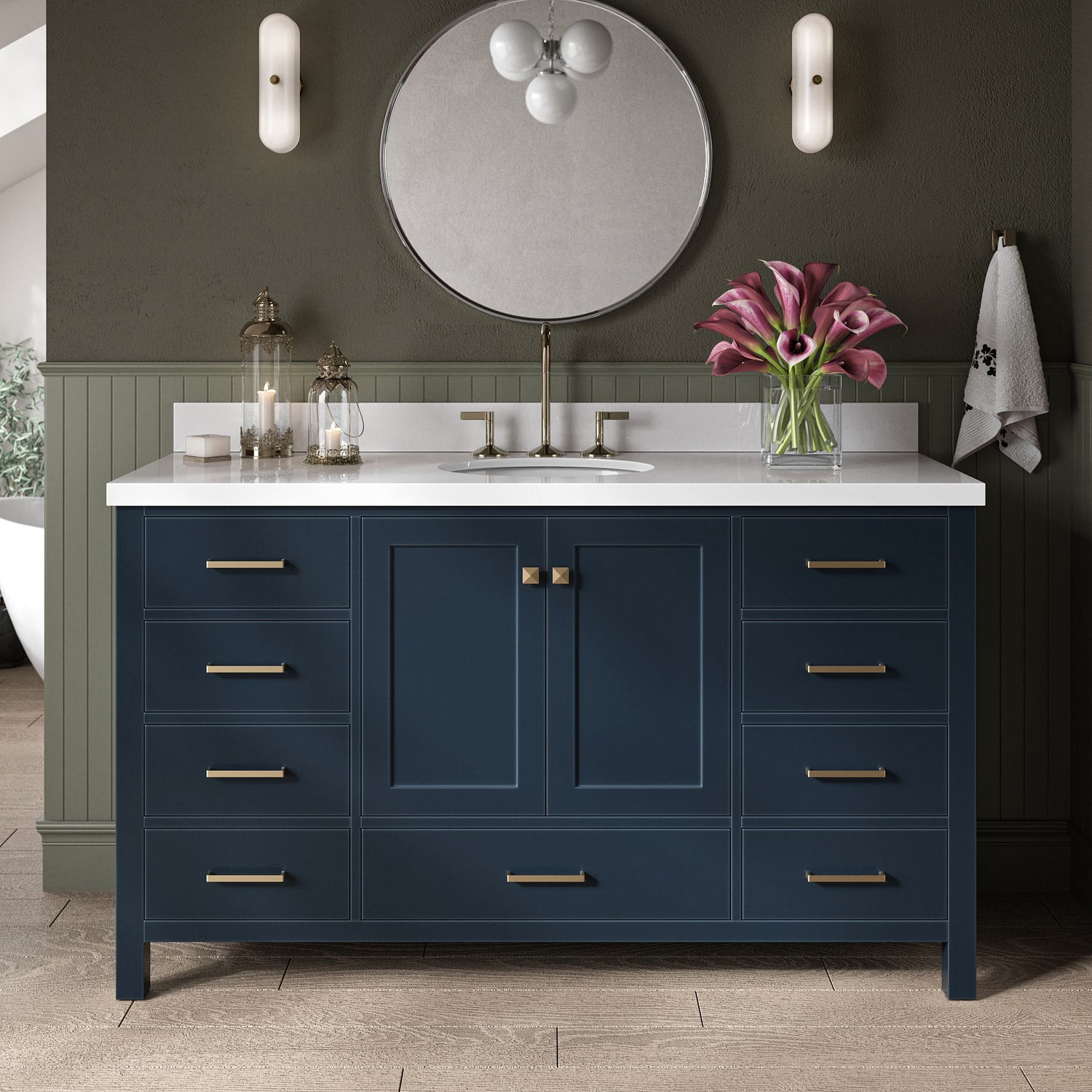ARIEL A061SWQOVOMNB Cambridge 61-in Midnight Blue Undermount Single sink Bathroom Vanity with Pure White Quartz Quartz Top