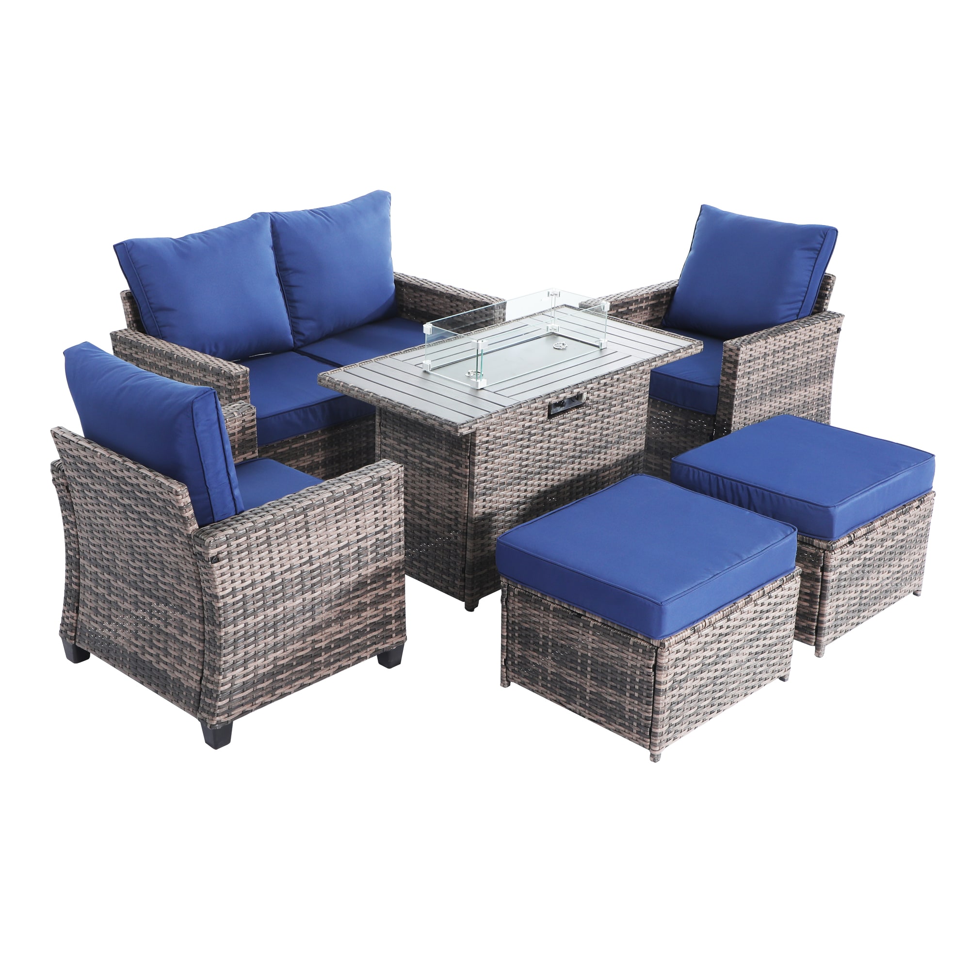 Decksplore BSMHC5001014 6 -Piece Wicker 2 Patio Sofa Conversation Set with Blue Cushions