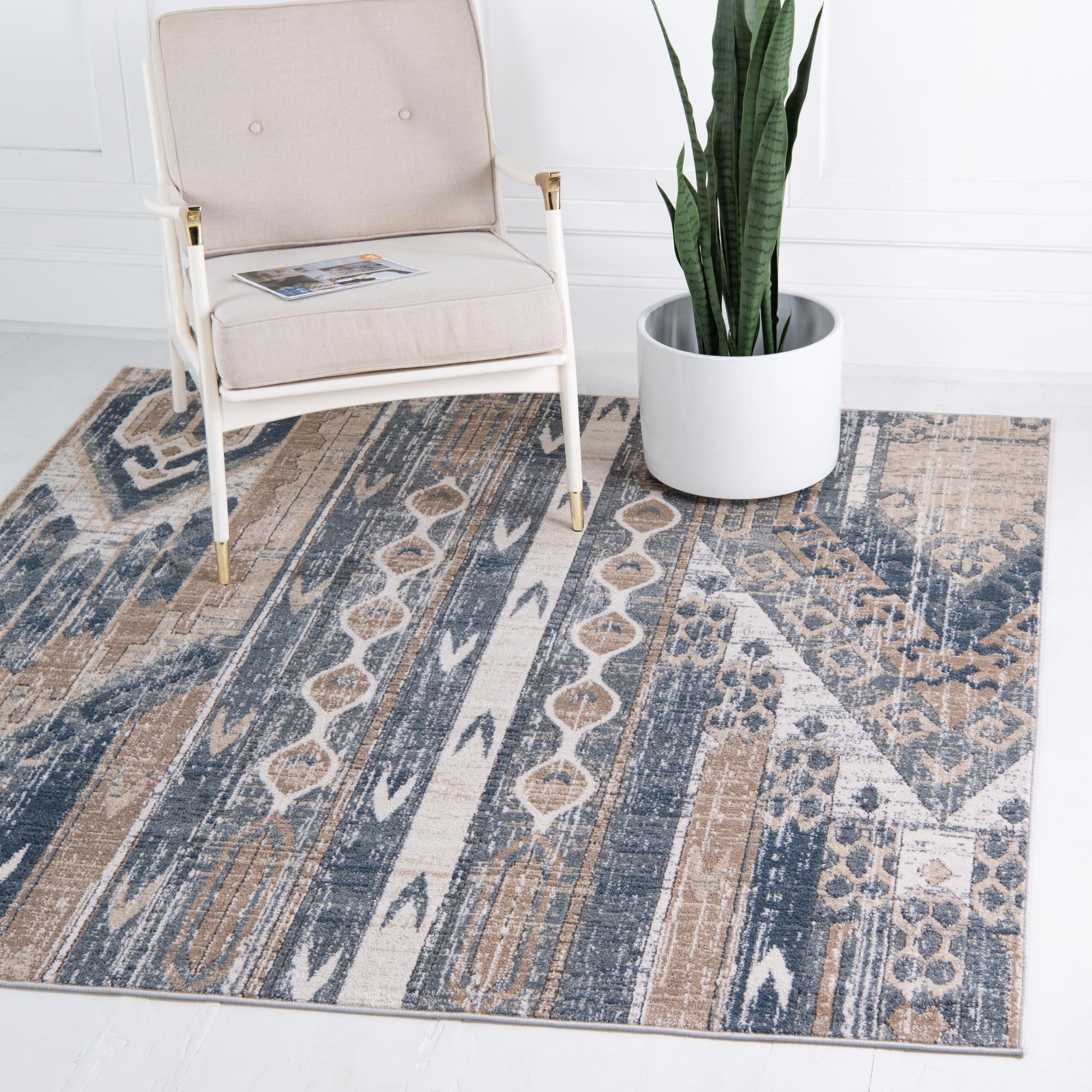 Unique Loom 3147114 Portland 8 x 8 (ft) Loomed Polypropylene Navy Blue Square Indoor Stripe Area rug