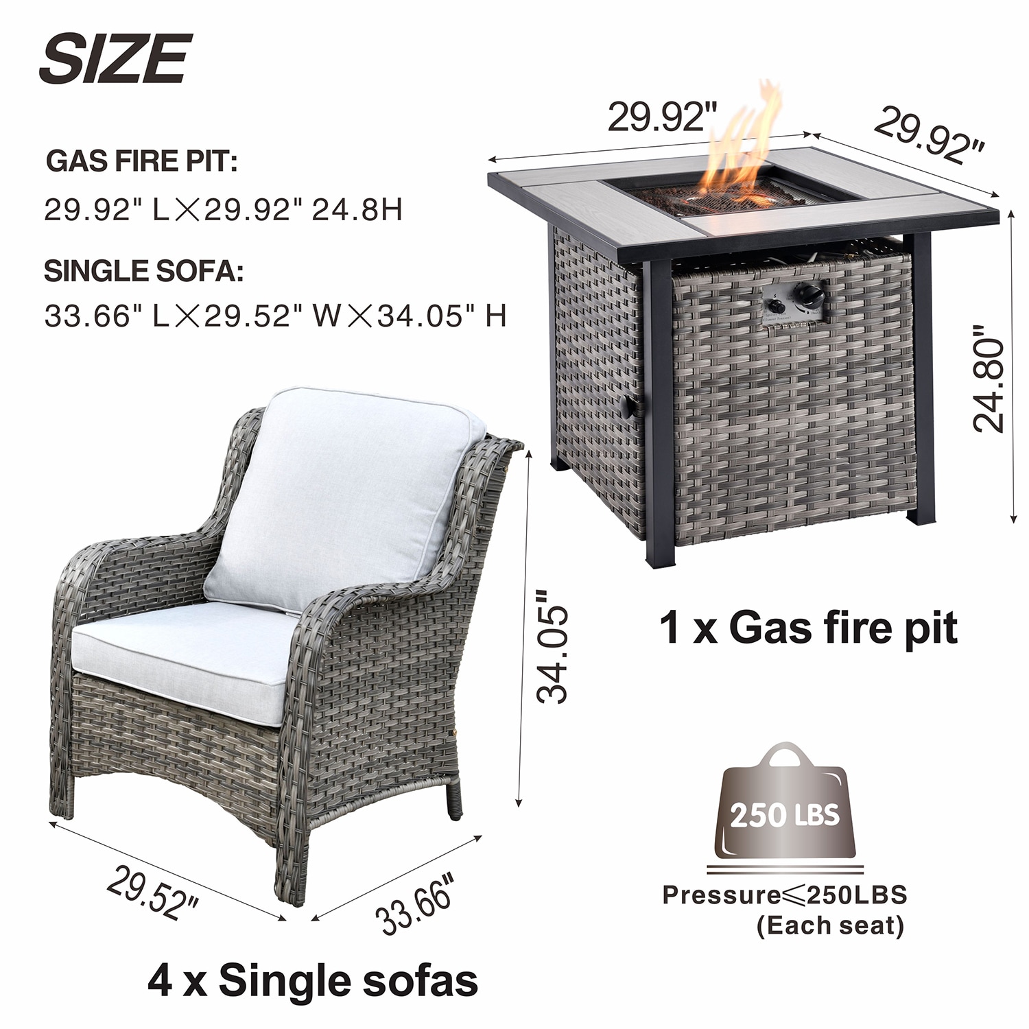 Ovios 5-Piece Rattan Patio Conversation Set with Gray Cushions in the ...