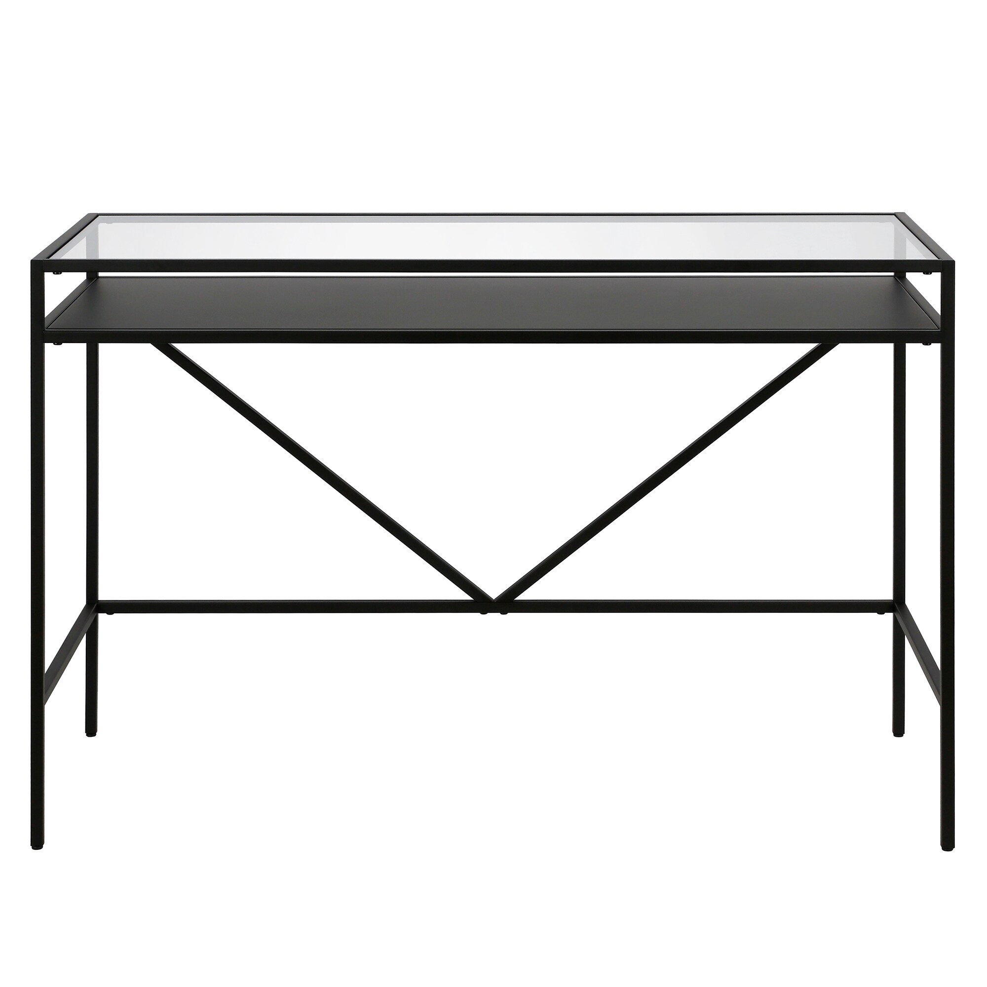 Sleek Blackened Bronze Desk with Tempered Glass Top and Metal Shelf