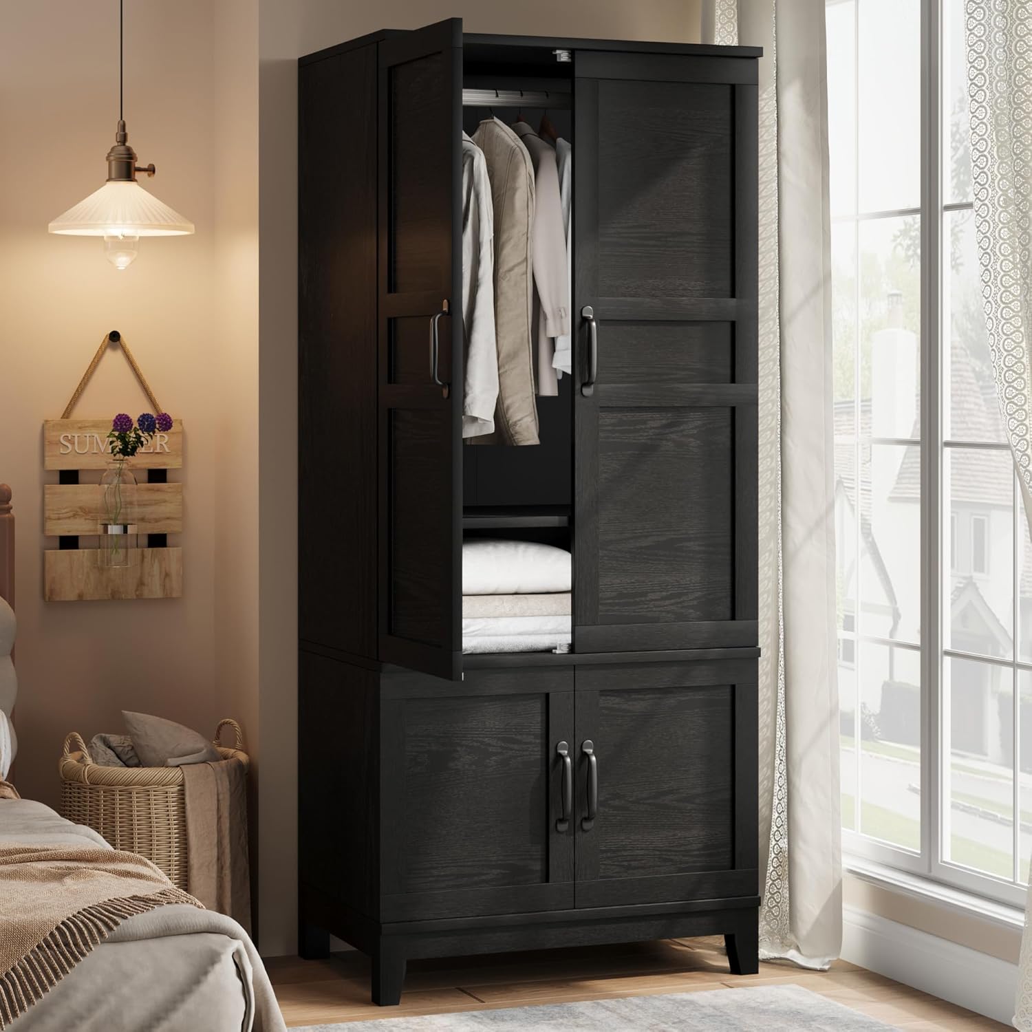 Garvee  72 Inch Tall Black Wooden Armoire Wardrobe Closet with 4 Doors and Hanging Rod - Freestanding Tall Clothing Storage Cabinet with Adjustable Shelves for Bedroom