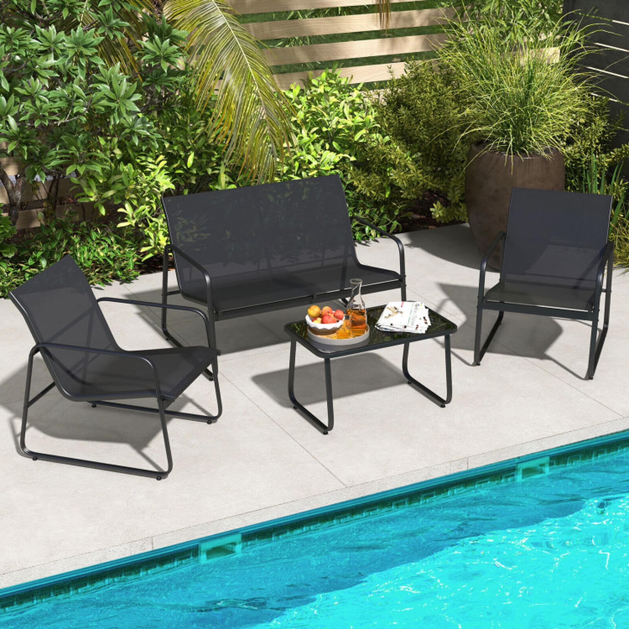 Boyel Living - 4 Pieces Outdoor Conversation Set with Tempered Glass Coffee Table Black