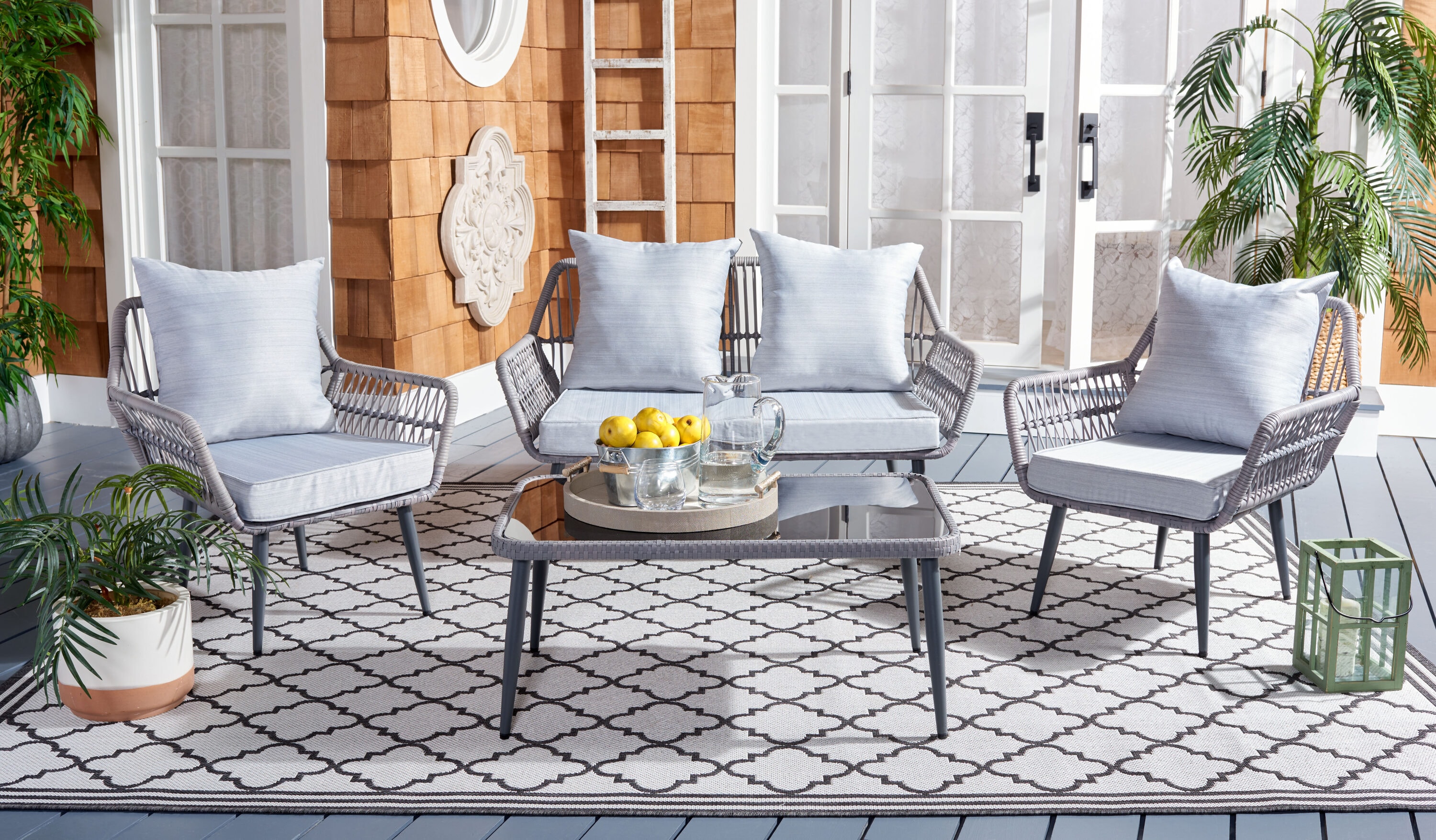 Safavieh PAT9029B Patio 4 -Piece Rattan Patio Conversation Set with Gray Cushions