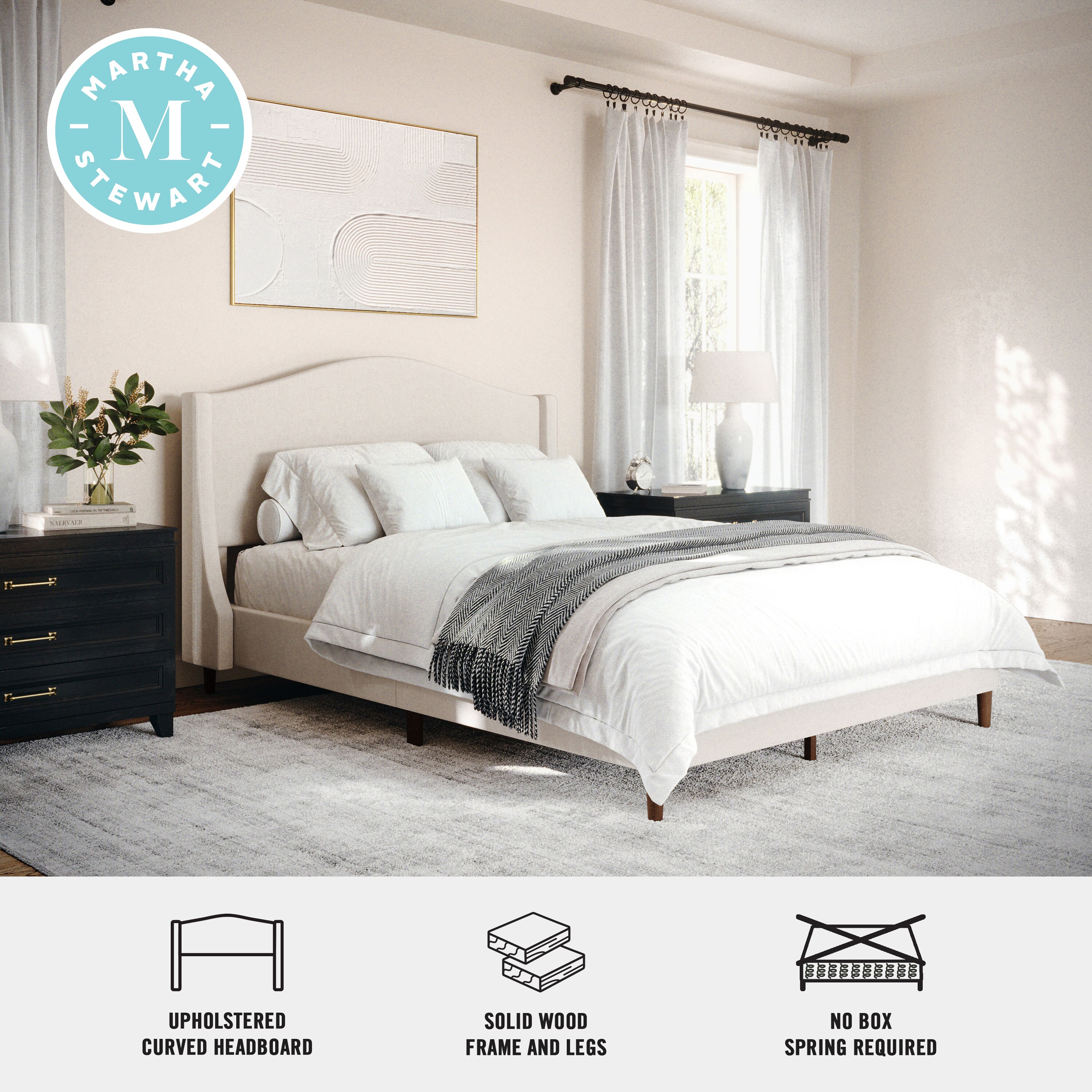 Full Beige Linen Upholstered Platform Bed with Walnut Legs