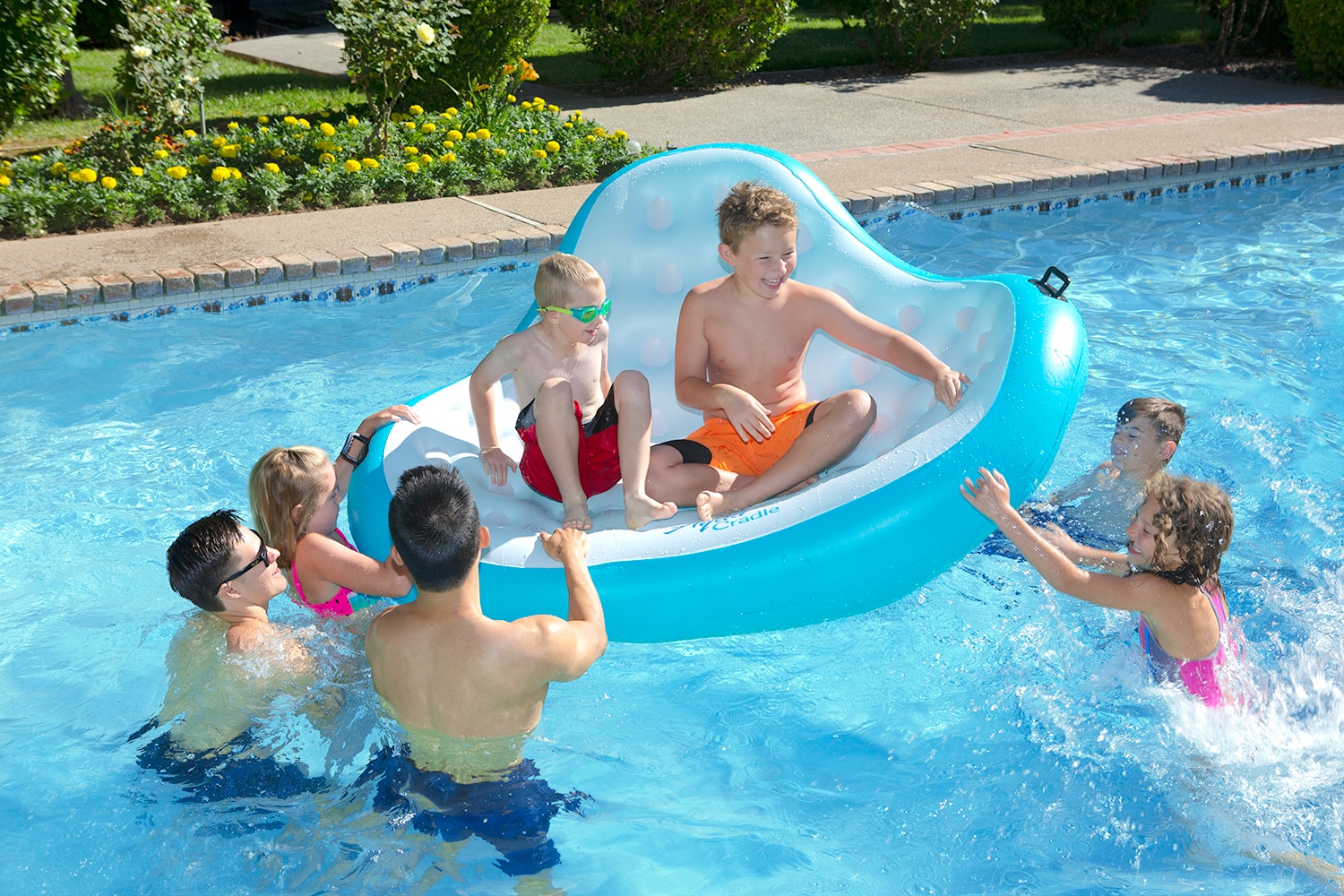Aqua Cradle Blue and White Inflatable Pool Lounger for Two