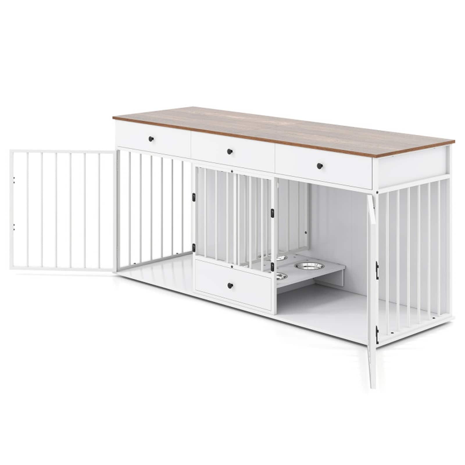 SUGIFT Dog Crate Furniture Indoor Modern Dog Kennel with Divider 3 Drawers and Pull-out Feeder-White