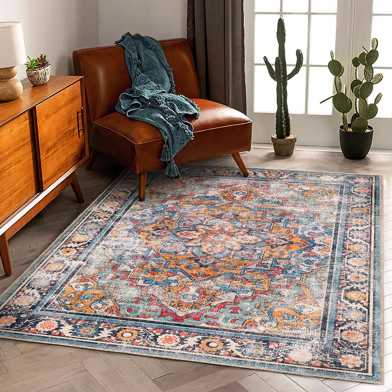 OMOMMD - Blue and Yellow Washable Non Slip Boho Chic Medallion Distressed Area Rug For Home Indoo...