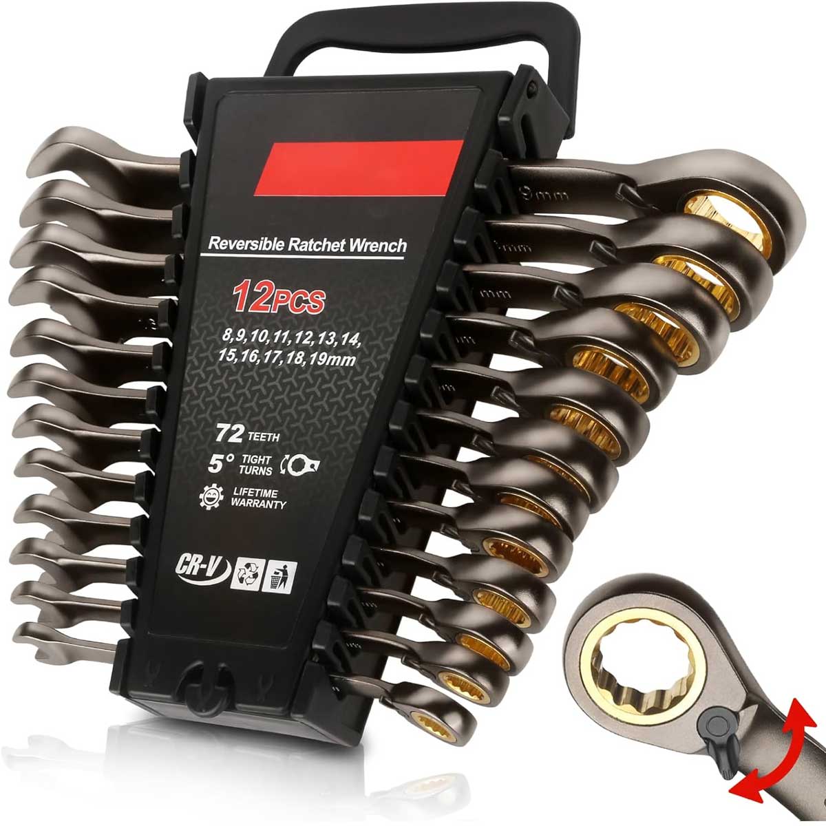 Aoibox LABW21007 12-Piece Metric Flex-Head Ratcheting Wrench Set with Organizer 8-19 mm Ratchet Combination Wrenches Set 72-Teeth Chrome Vanadium Steel