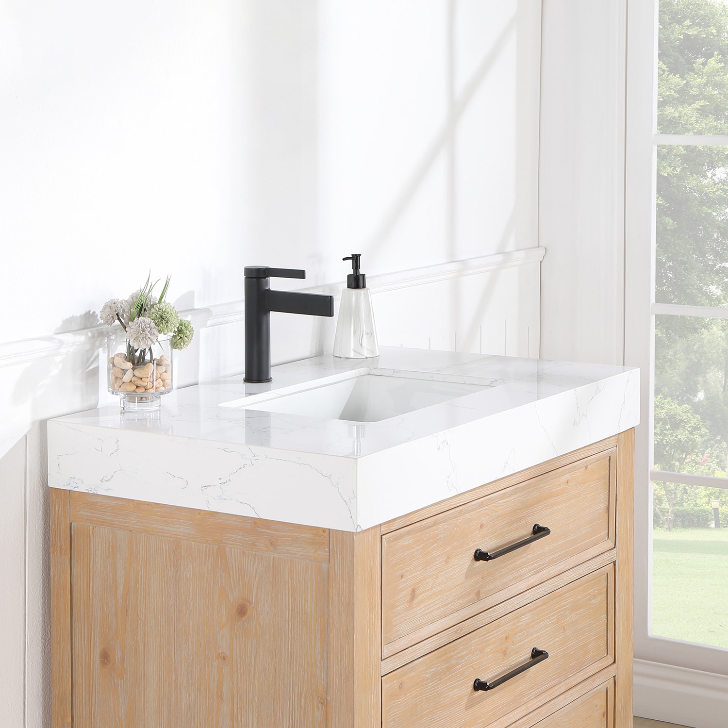 Leon 36" Fir Wood Brown Bathroom Vanity with White Composite Top