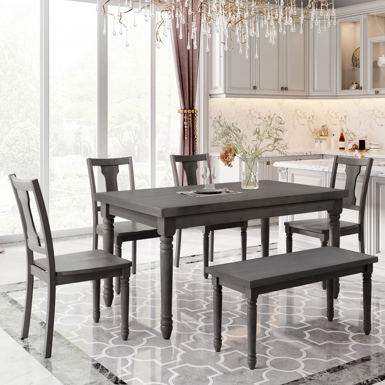 JASMODER ST000060AAE Classic Dining Set Wooden Table And 4 Chairs With Bench For Kitchen Dining Room, Gray (Set Of 6)