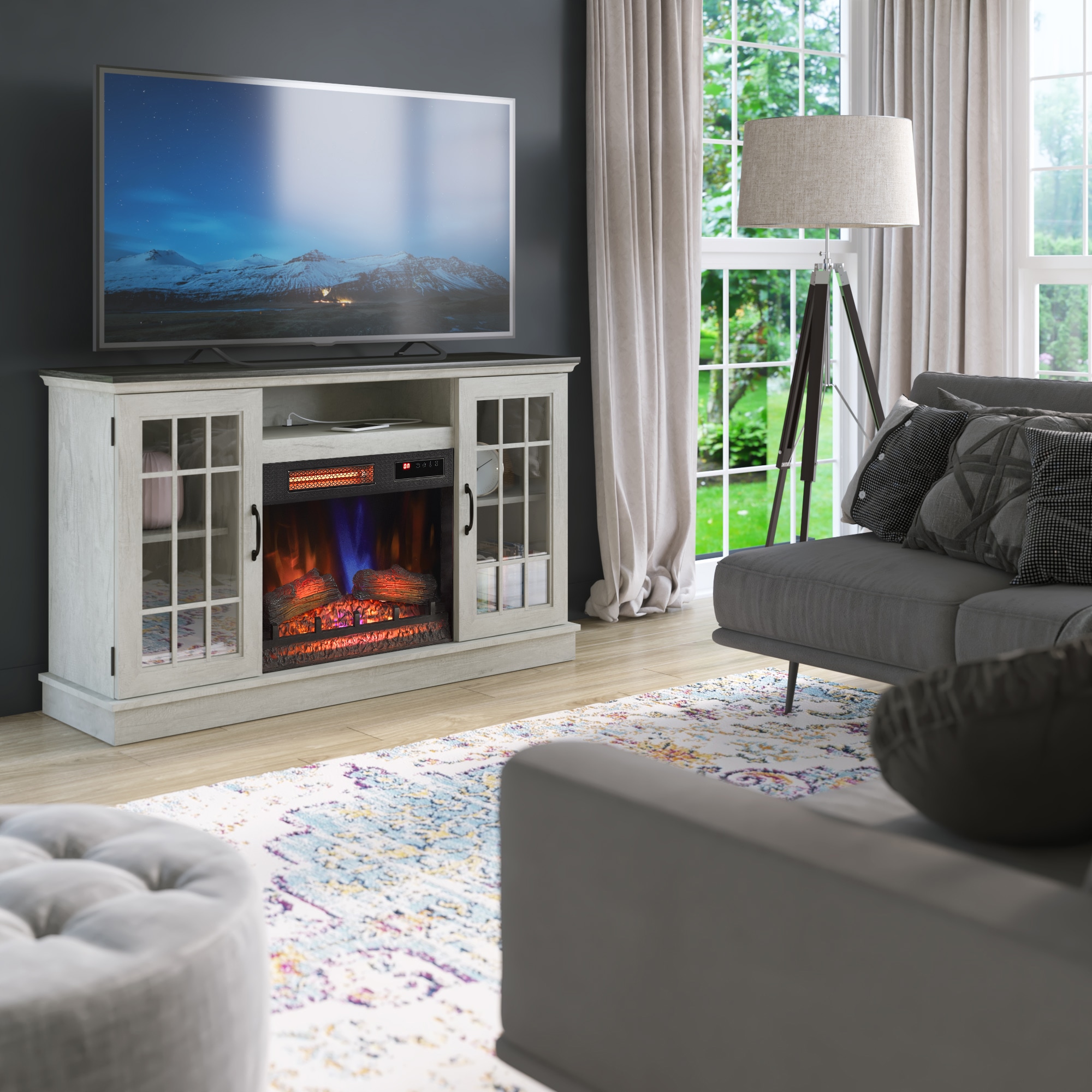 54-in W Geneva and Fairfax Oak TV Stand with Infrared Quartz Electric Fireplace in Off-White | - allen + roth 144709