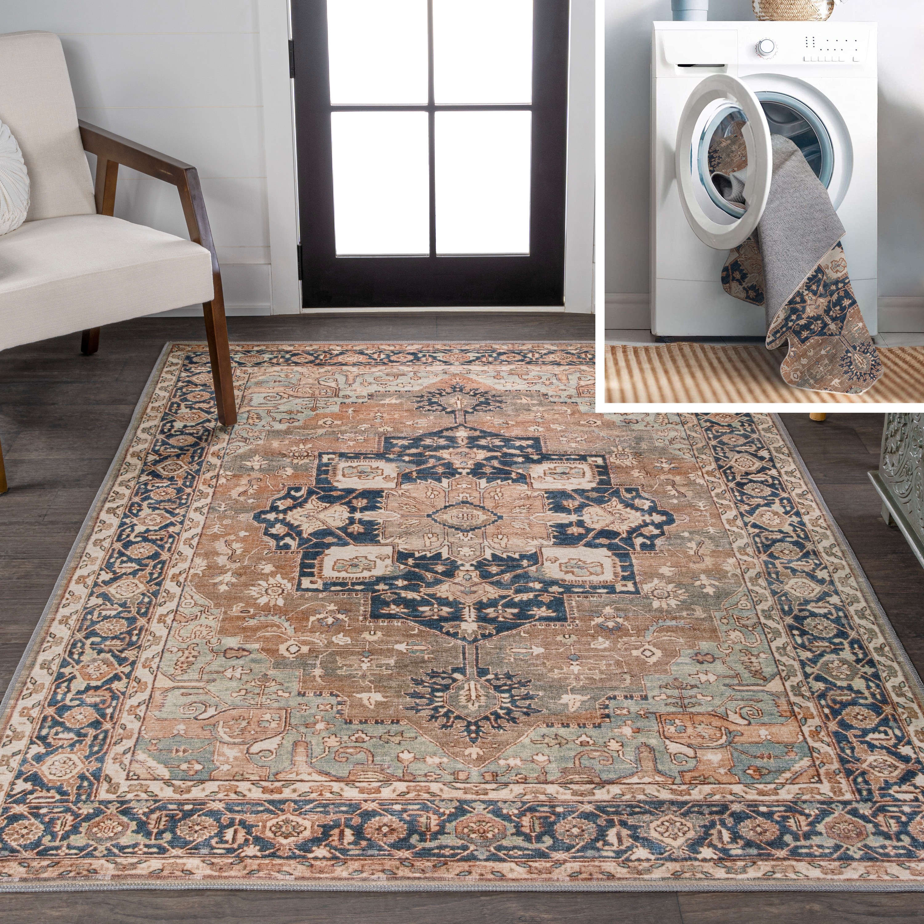 Maris Ornate Medallion Machine-Washable Beige and Blue Chenille Area Rug