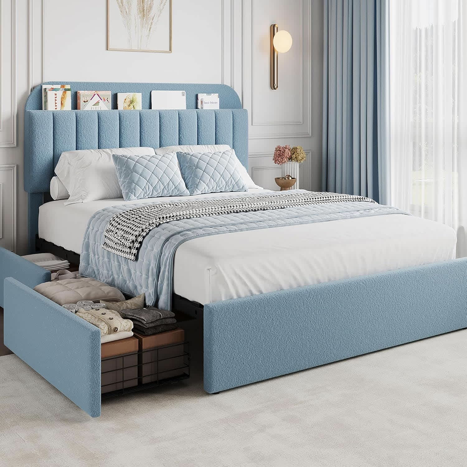 Qeetex LHF-BED-PHO-34A3TEPK Full Bed Frame for Kids Boucle Upholstered Platform Bed for Boys/Girls with 2 Flexible Drawers Bookcase Headboard Noise-Free Easy Assembly No Box Spring Needed Blue