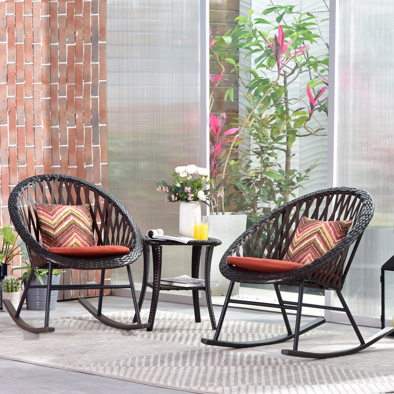 weaxty HMBORC200 Set of 2 Wicker Steel Frame Rocking Chair with Red Cushioned Seat