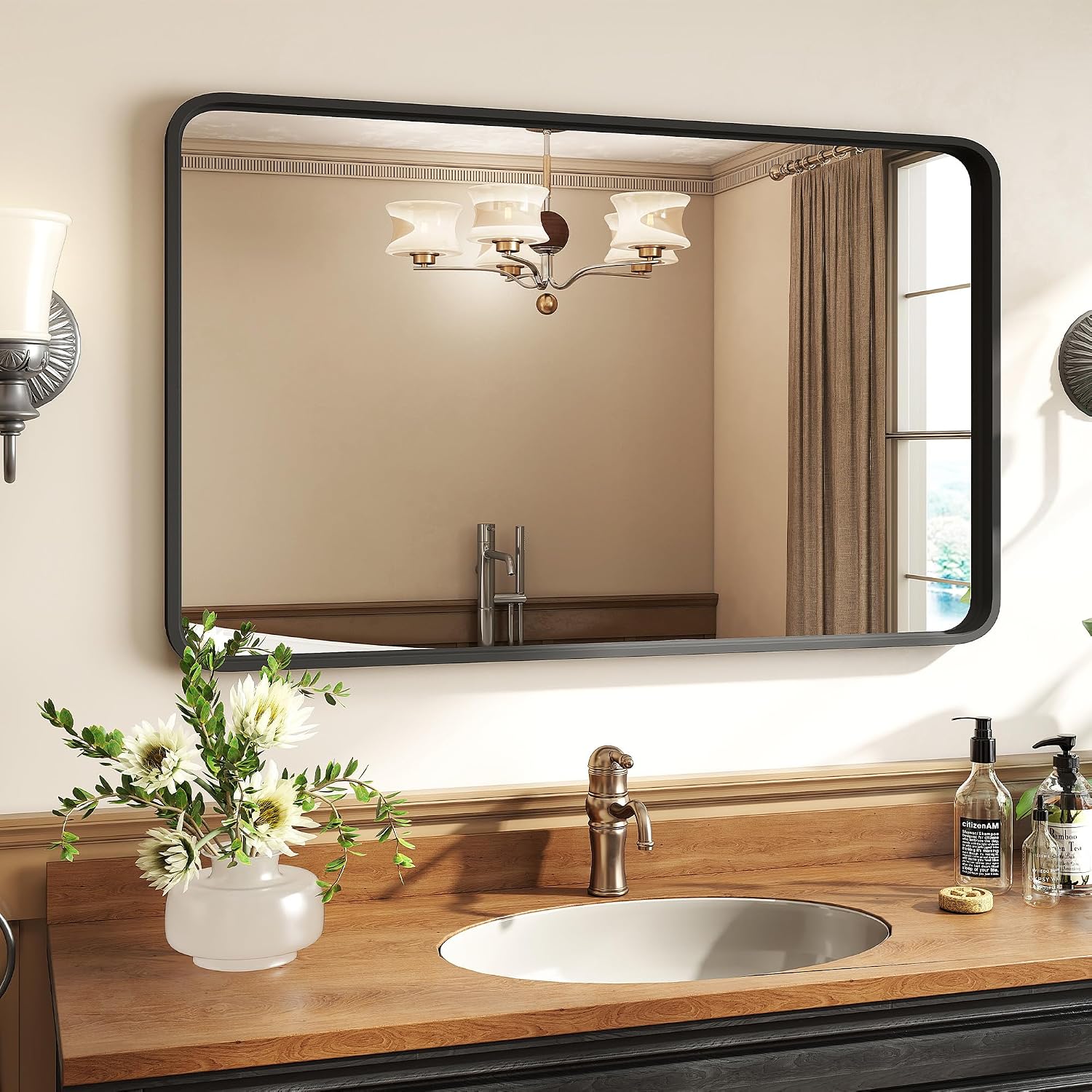 Fredees 40 x 30 Inch Rectangle Wall Mirror Matte Black Aluminum Frame Tempered Glass Horizontal or Vertical Hanging Bathroom Vanity Farmhouse