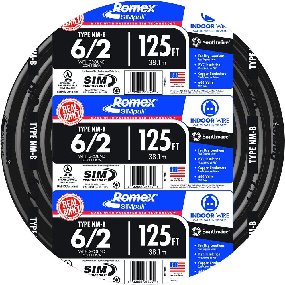 Southwire 125-ft 6/2 Romex SIMpull Stranded Indoor CU NM-B W