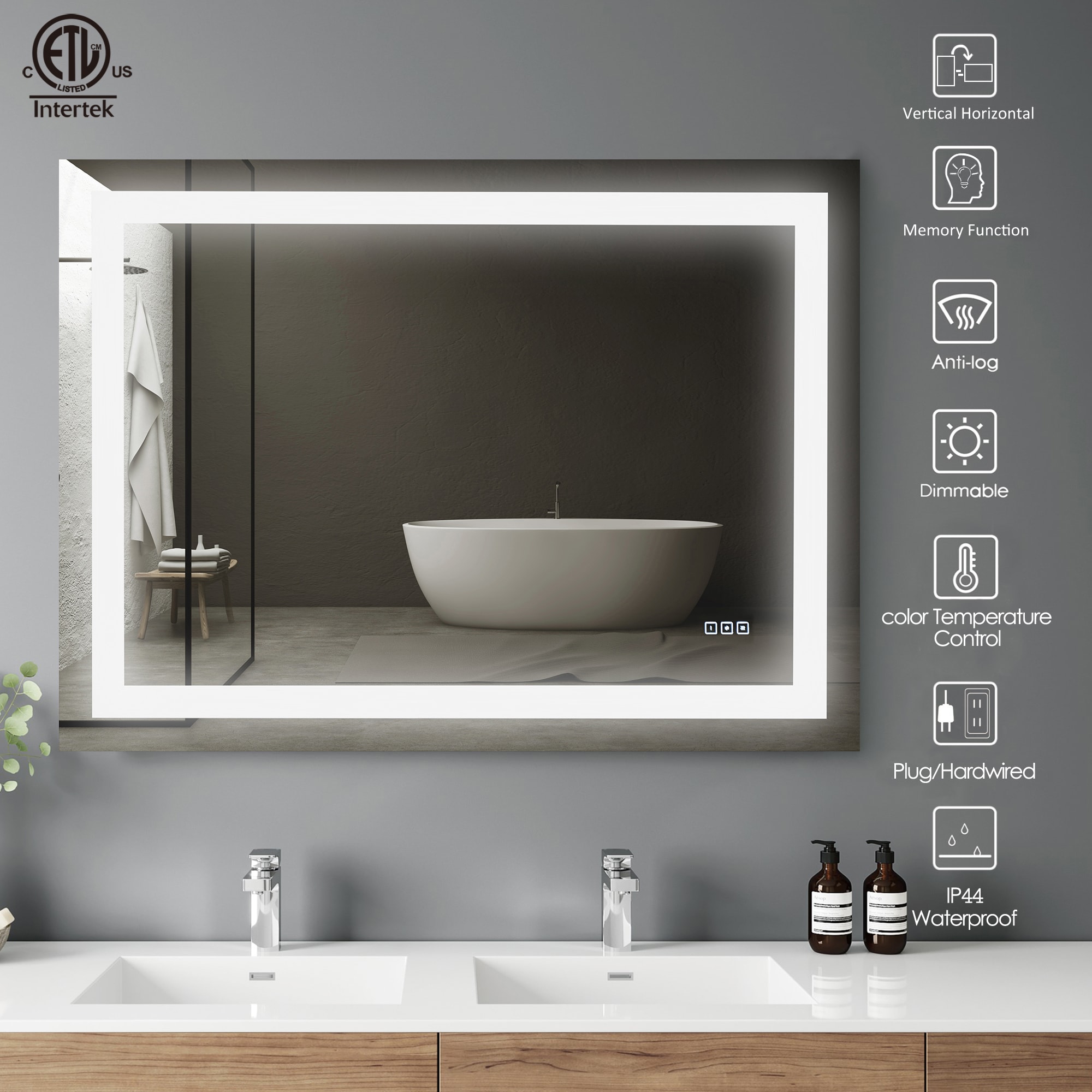 KINWELL Bathroom Mirror 48-in x 36-in LED Lighted Clear Rectangular Fog  Free Frameless Bathroom Vanity Mirror in the Bathroom Mirrors department at 