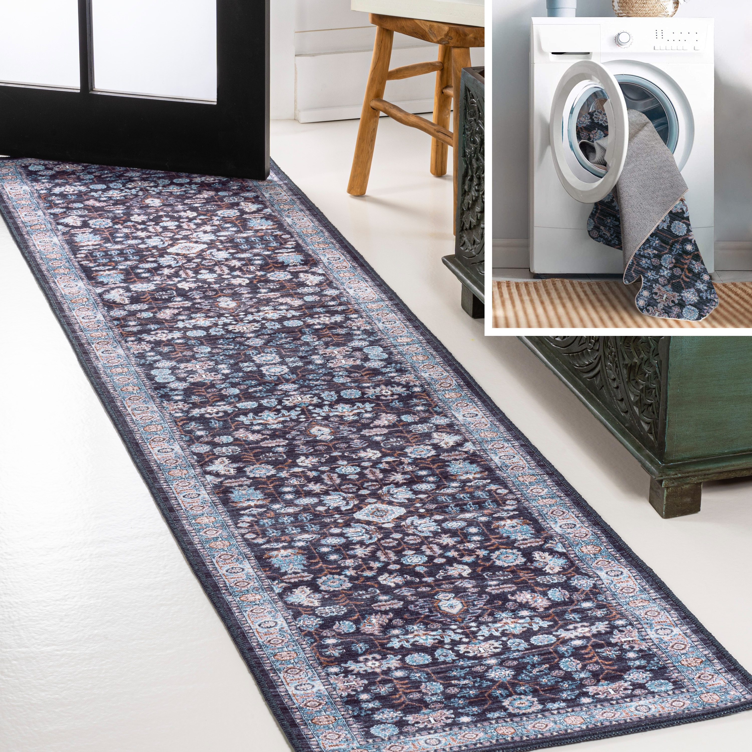 JONATHAN  Y WSH104D-28 WASHABLE Kemer All-Over 2 x 8 (ft) Loomed Chenille Black/Blue Rectangular Indoor Medallion Bohemian/Eclectic Machine washable Runner rug