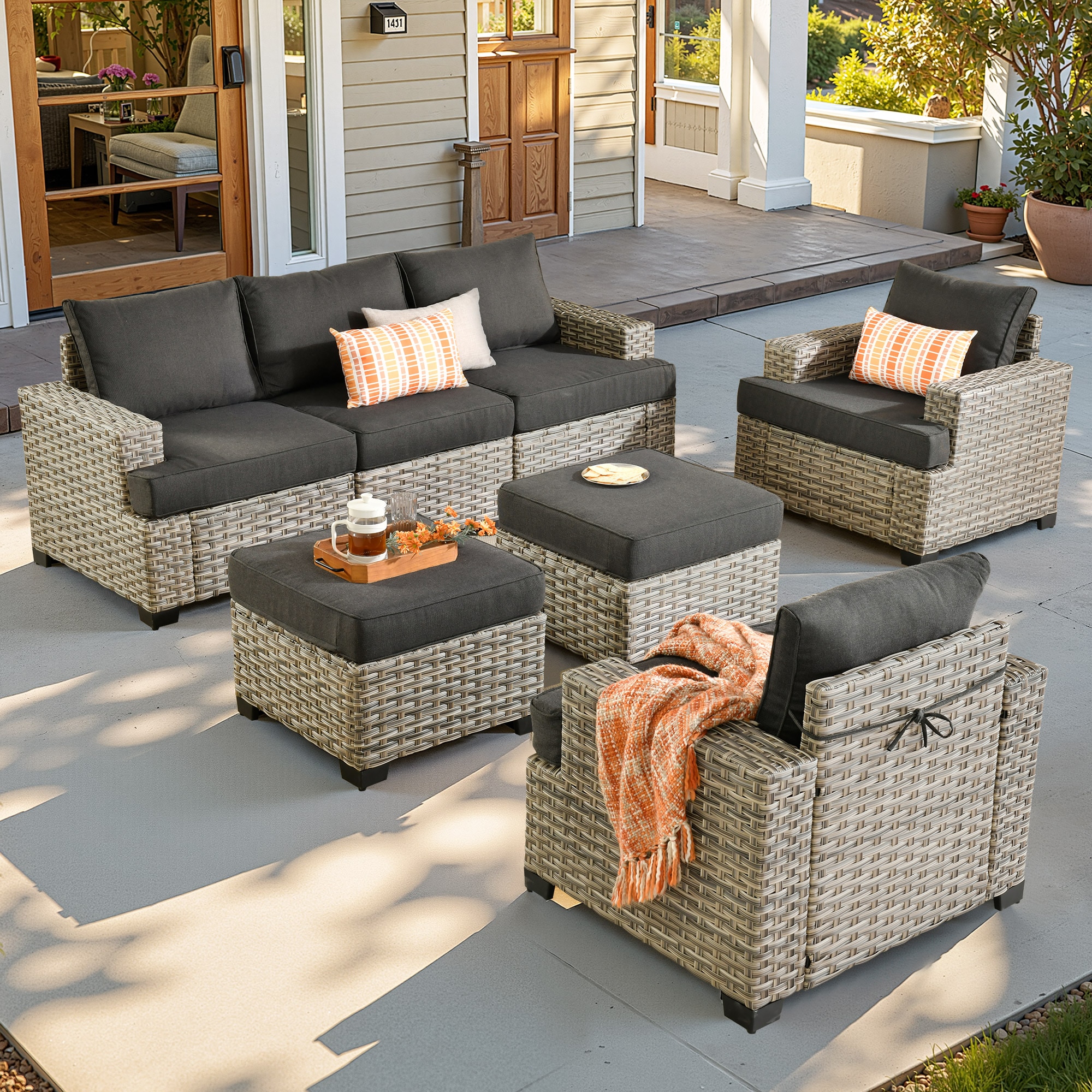 ALTRIGUS 6L-TBS107-AL 7 -Piece Wicker Patio Sofa Conversation Set with Black Cushions
