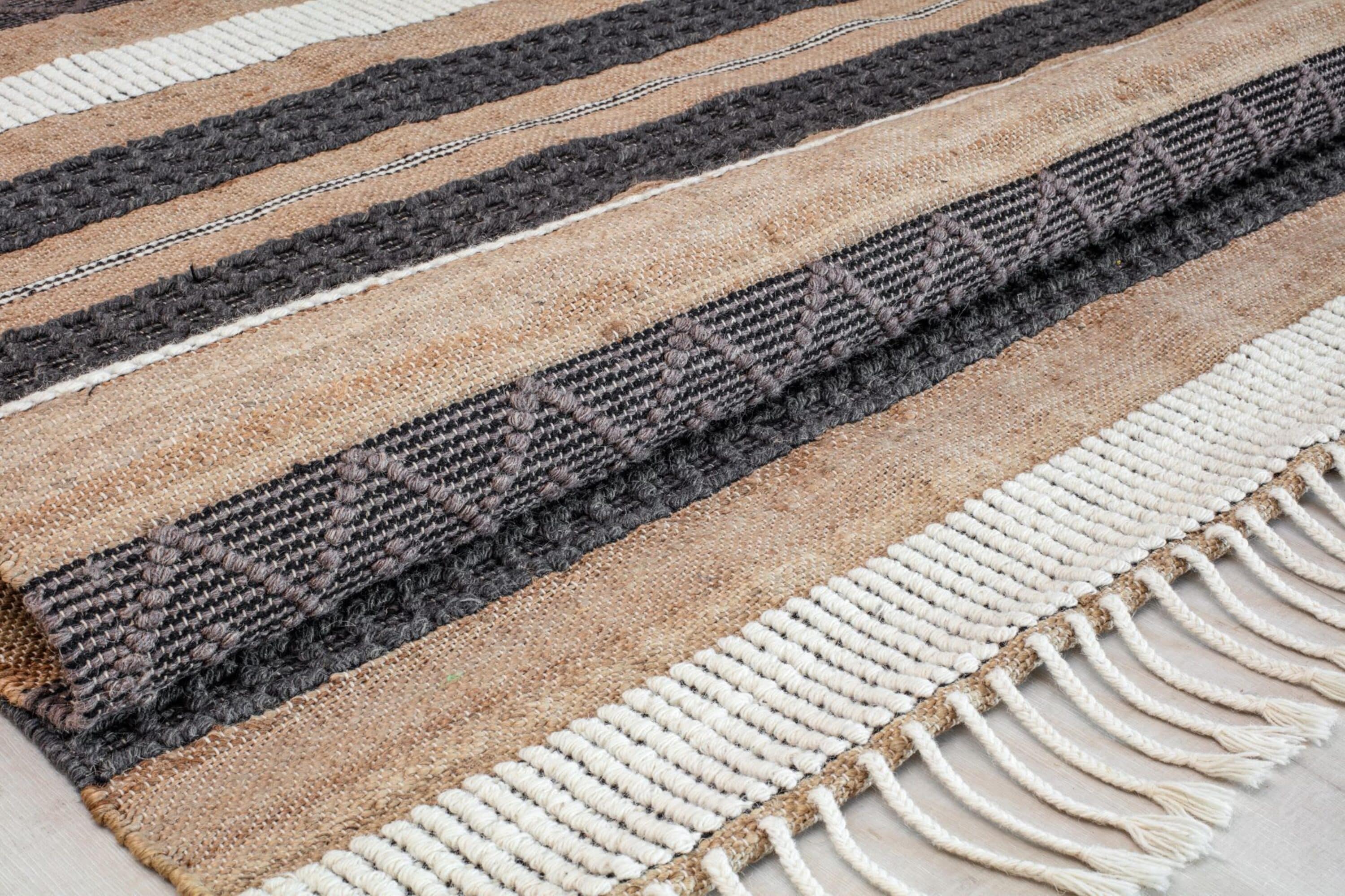 Handmade Black and Beige Wool Stripe Area Rug