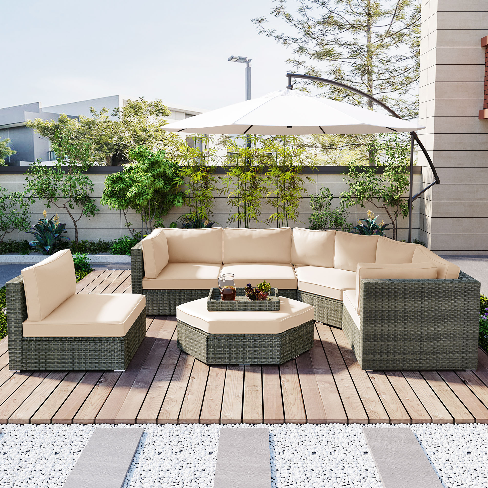 ModernLuxe L-WY000375AAA 6 Piece Outdoor Conversation Rattan Outdoor Sectional with Beige Cushions and Rattan Frame