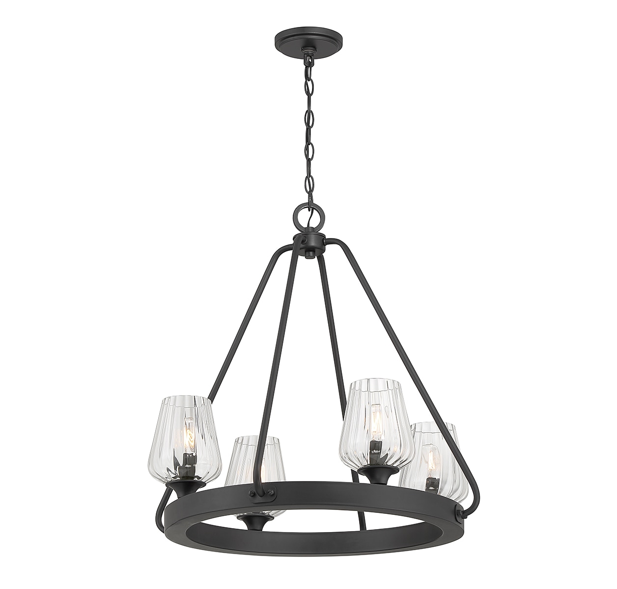 Carlton Matte Black 4-Light Chandelier with Ribbed Glass Shades