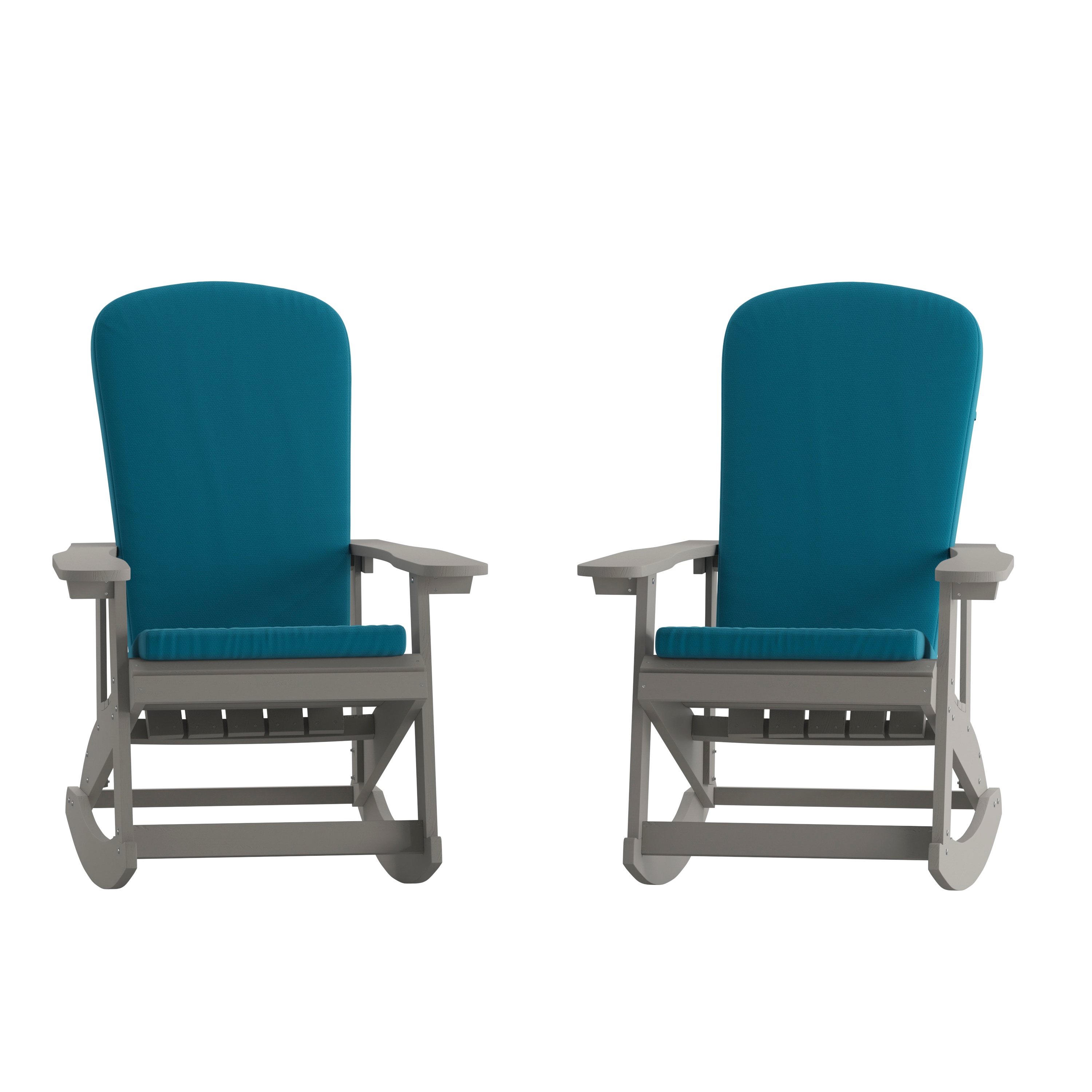 Flash Furniture 196861045325 Savannah Set of 2 All-Weather Poly Resin Wood Adirondack Rocking Chairs in Gray with Teal Cushions for Deck; Porch; and Patio