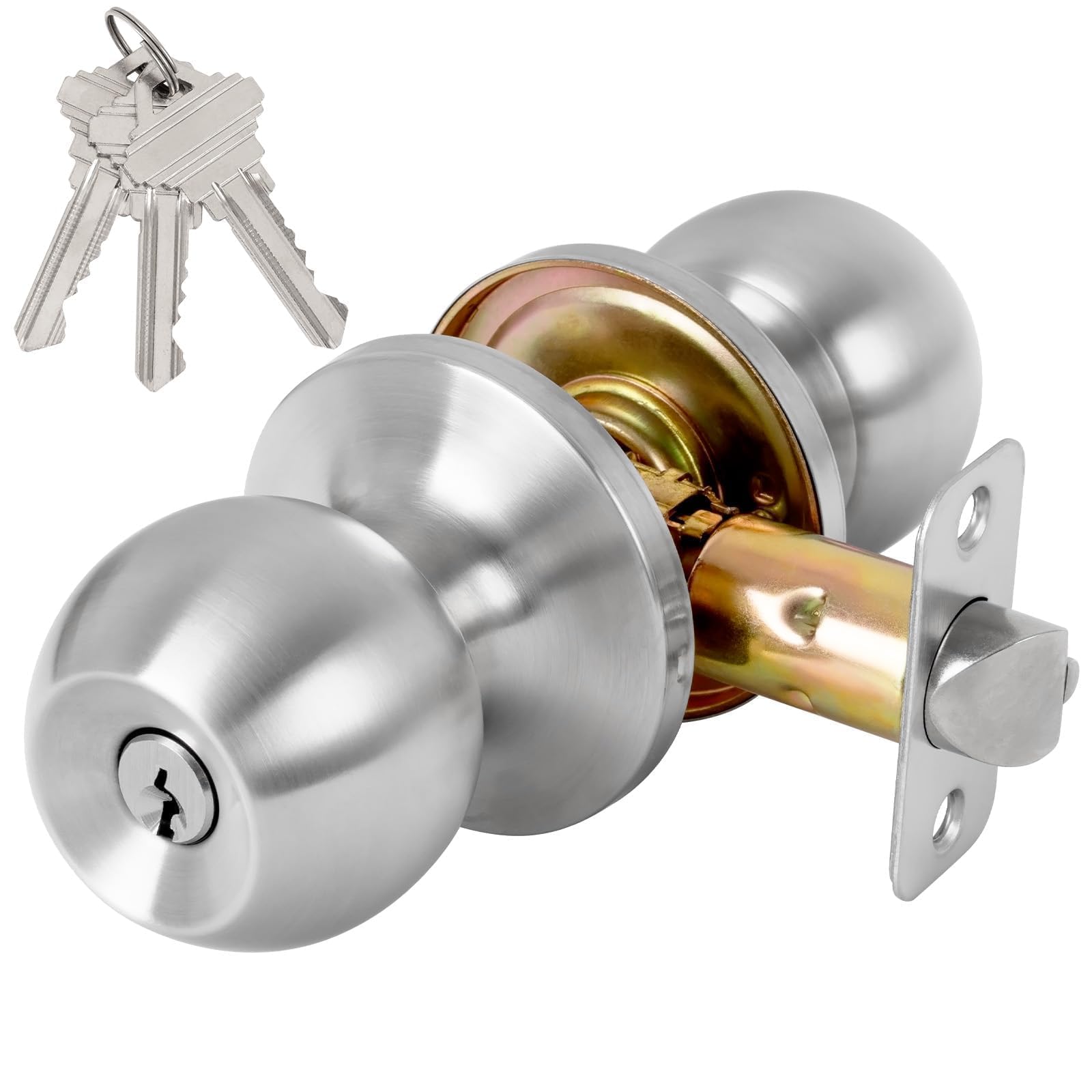 Ahfiwaso  Keyed Entry Door Knob Satin Nickel Finish Lock and Key for Bedroom Front Door Office Interior Exterior Durable Stainless Steel