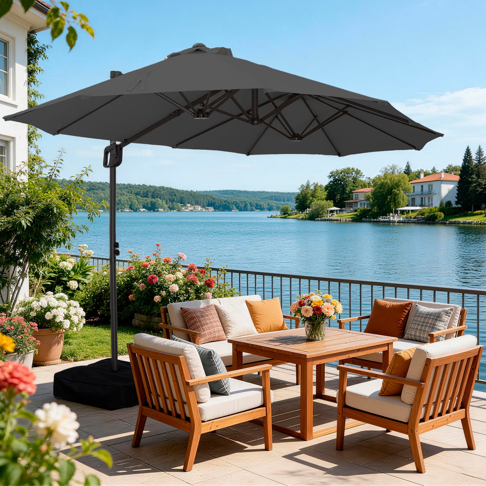 15 foot offset patio umbrella JEAREY 15-ft Steel Gray Crank Cantilever Patio Umbrella with Base one_size