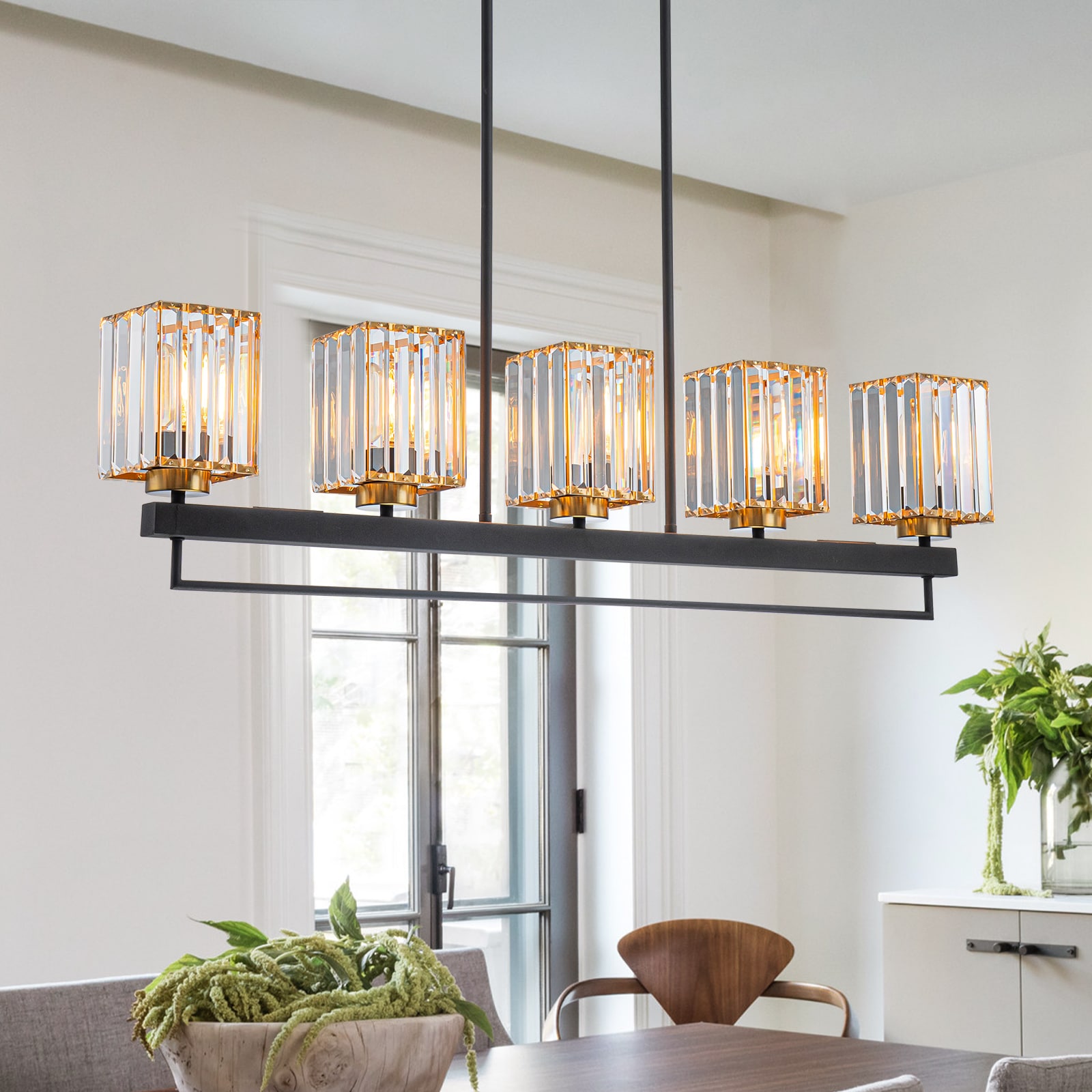 EDISLIVE 5 -Light Matte Black Modern/contemporary Clear glass Aluminum/Crystal Linear Large Hanging Pendant Light